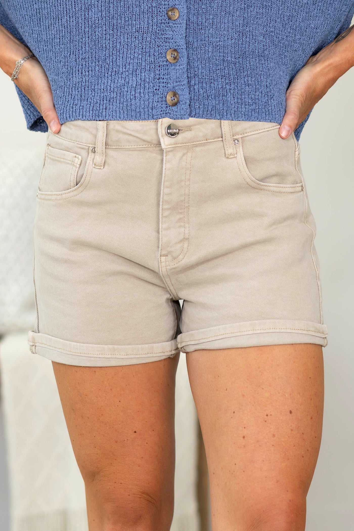 Risen Acid Wash High Rise Cuffed Shorts