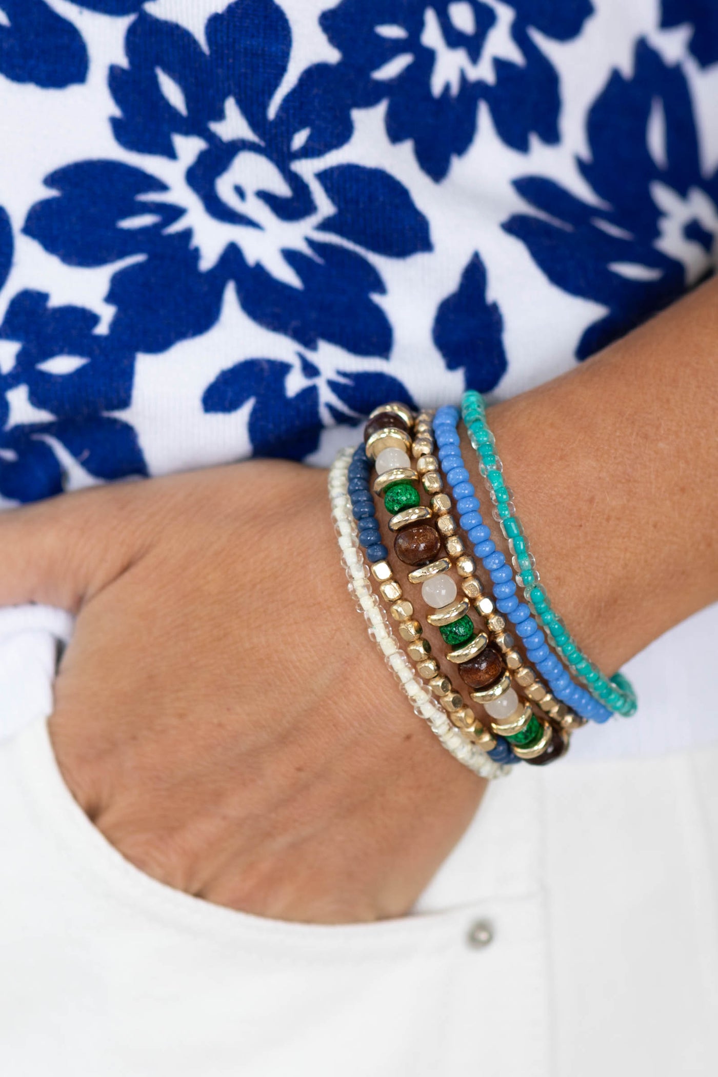 Cream Blue And Green Stretch Bracelet Set