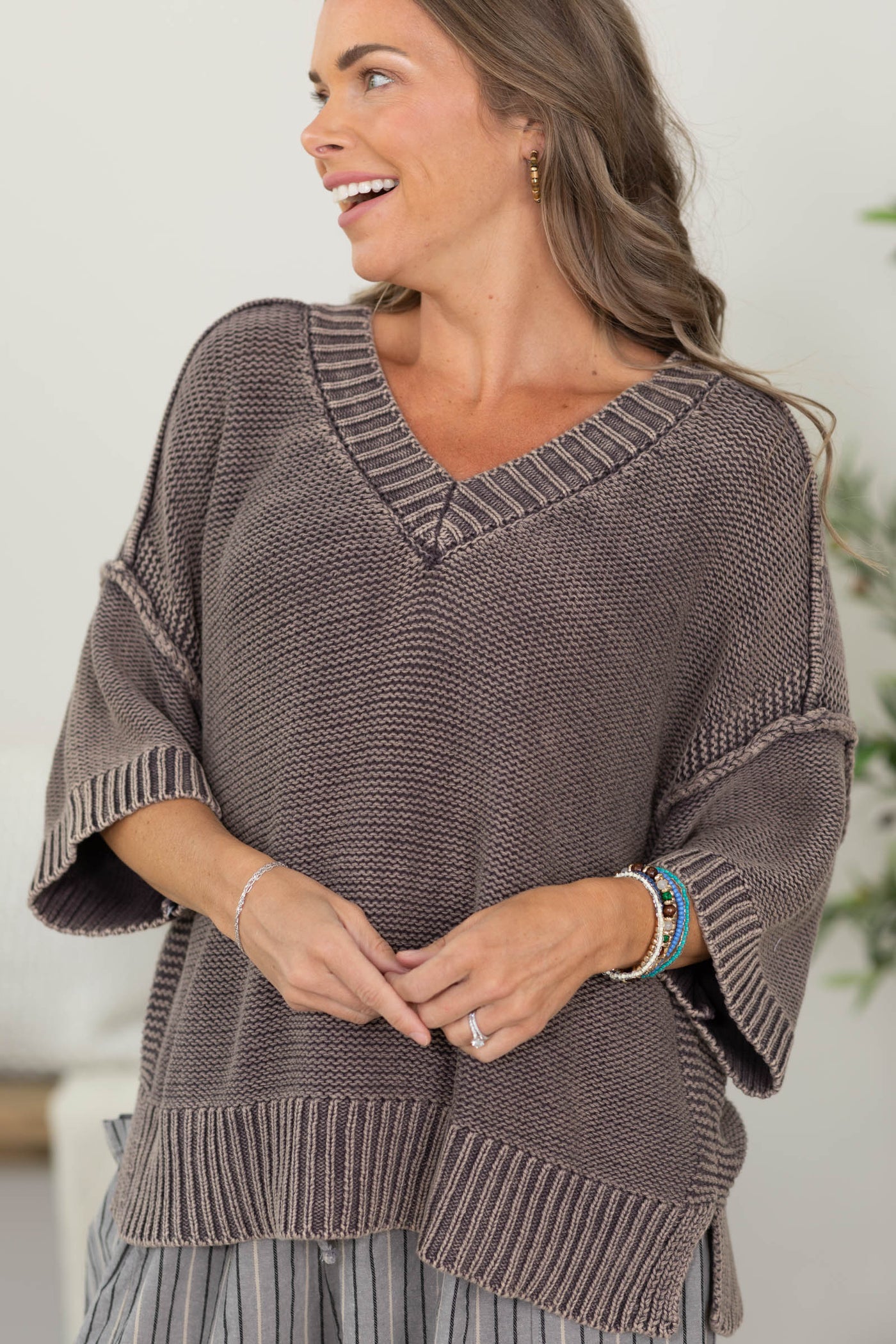 Cotierra Chocolate Vintage V-Neck Short Sleeve Sweater