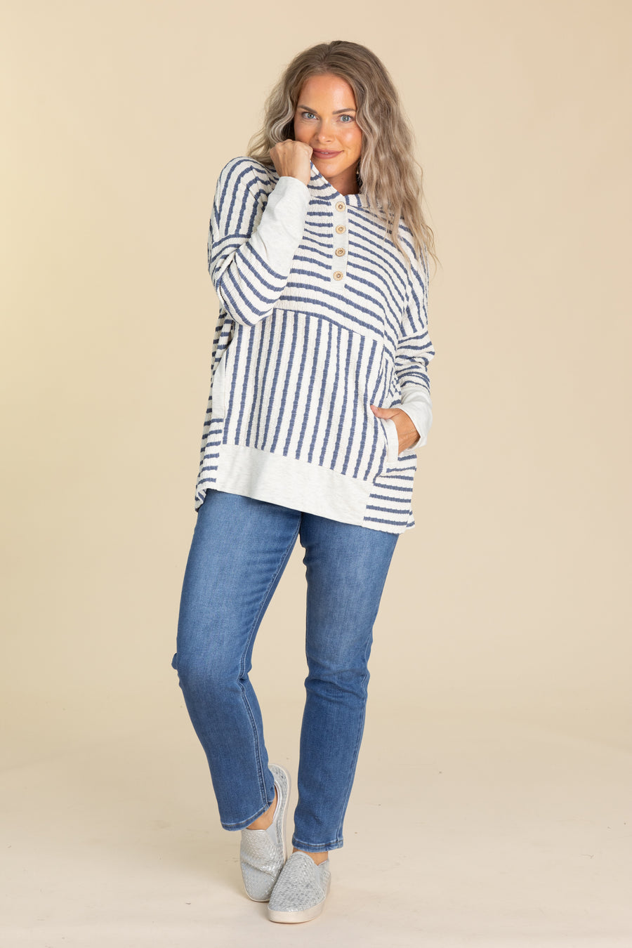 Stripe Long Sleeve Contrast Hoodie Knit Top