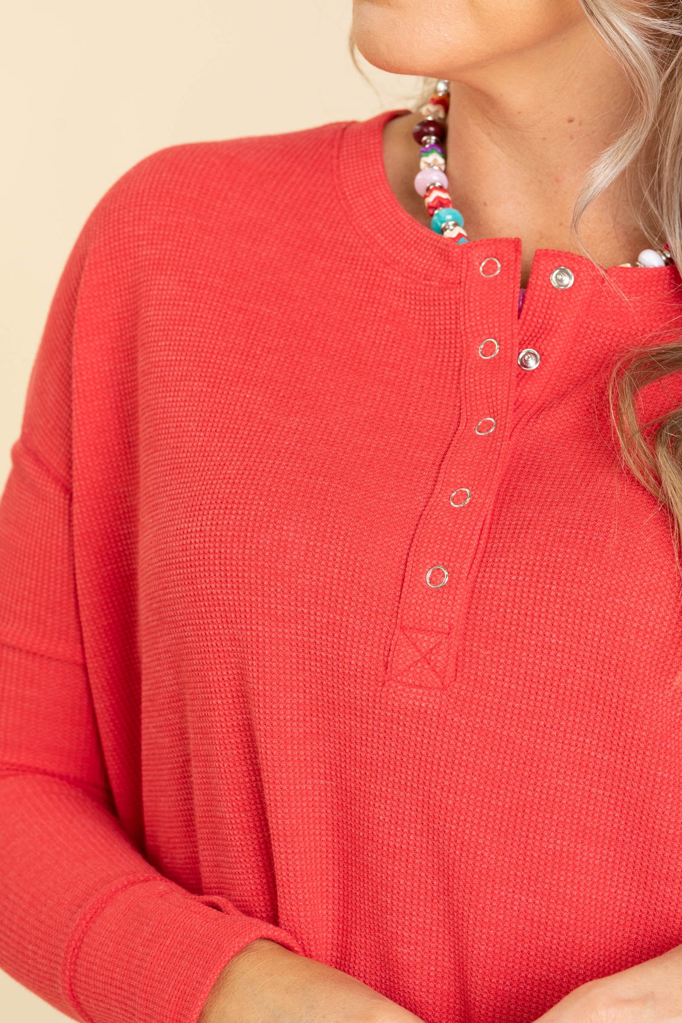 Waffle Thumb Hole Cuffs Henley Knit Tees