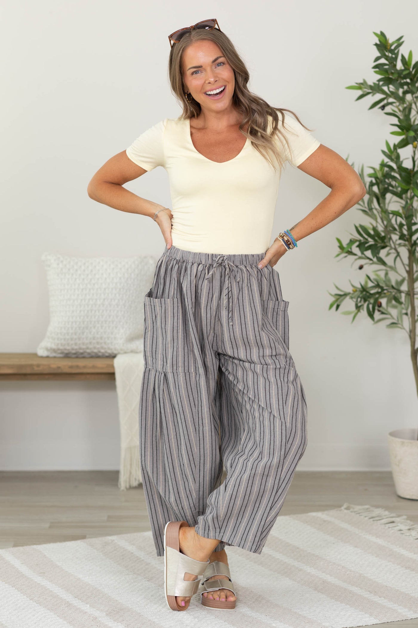 Cotierra Striped Wide Leg Pants with Elastic Waist
