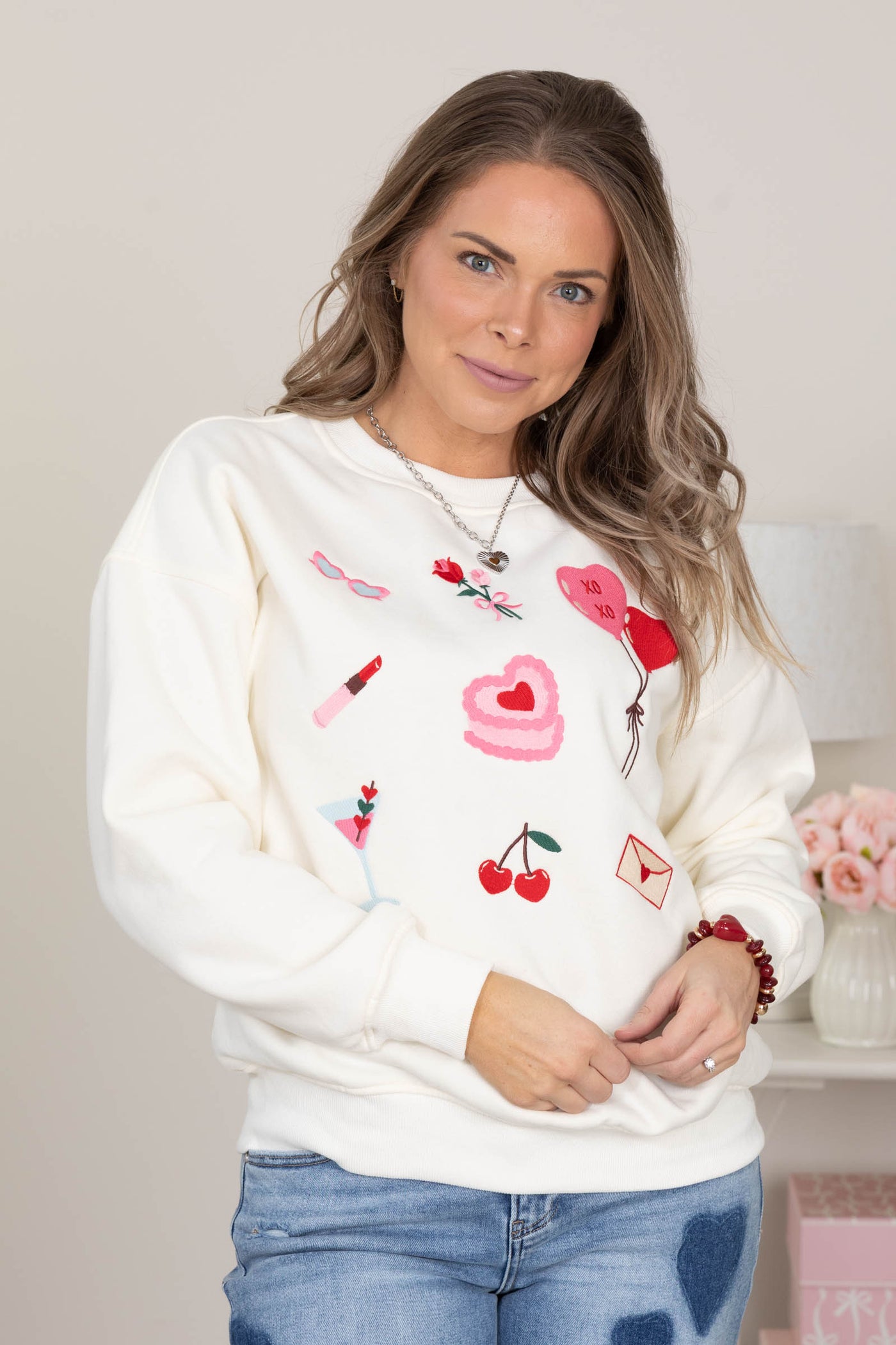 Cream Valentines Graphic Crewneck Sweatshirt