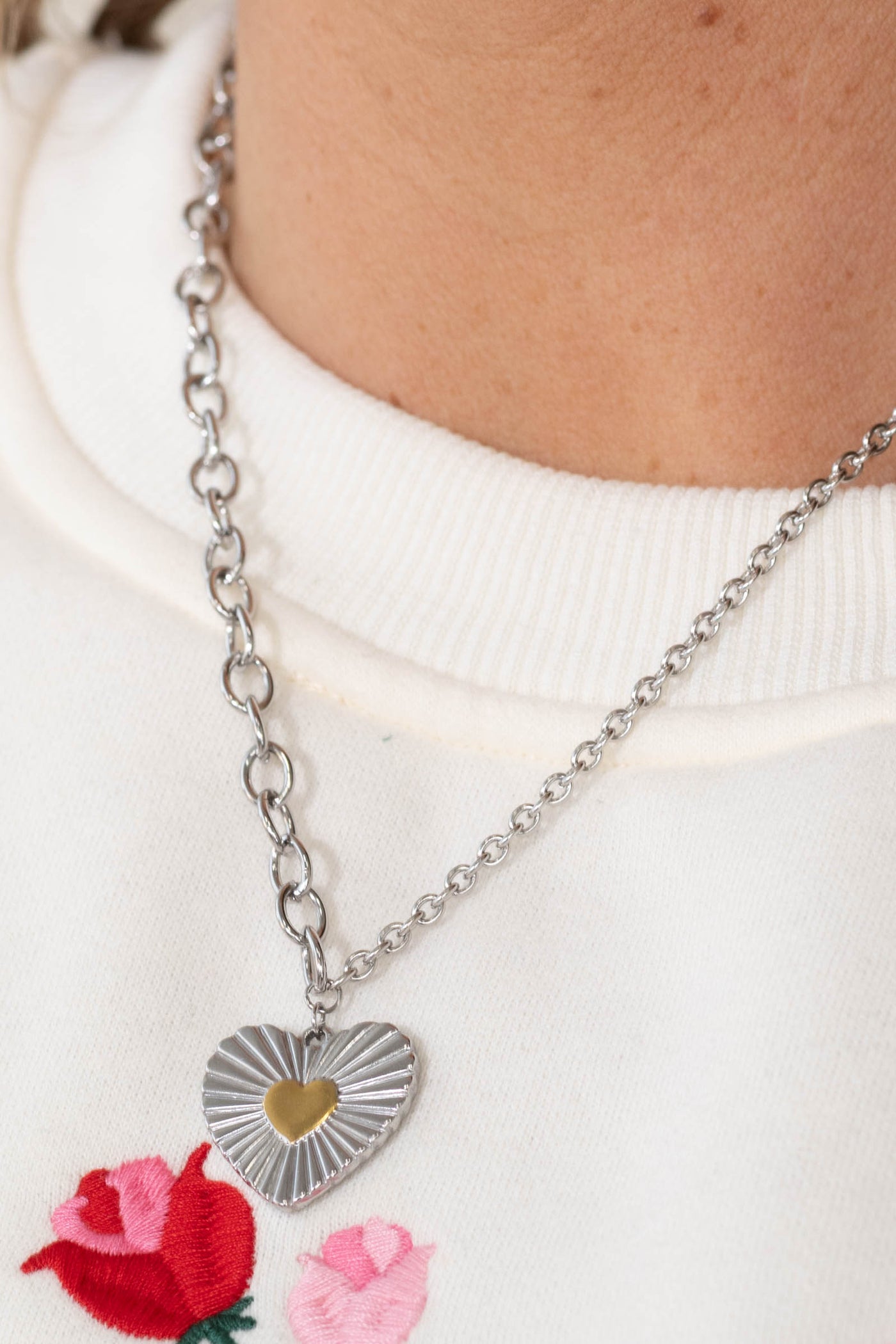 Silver Necklace With Heart Two Tone Pendant