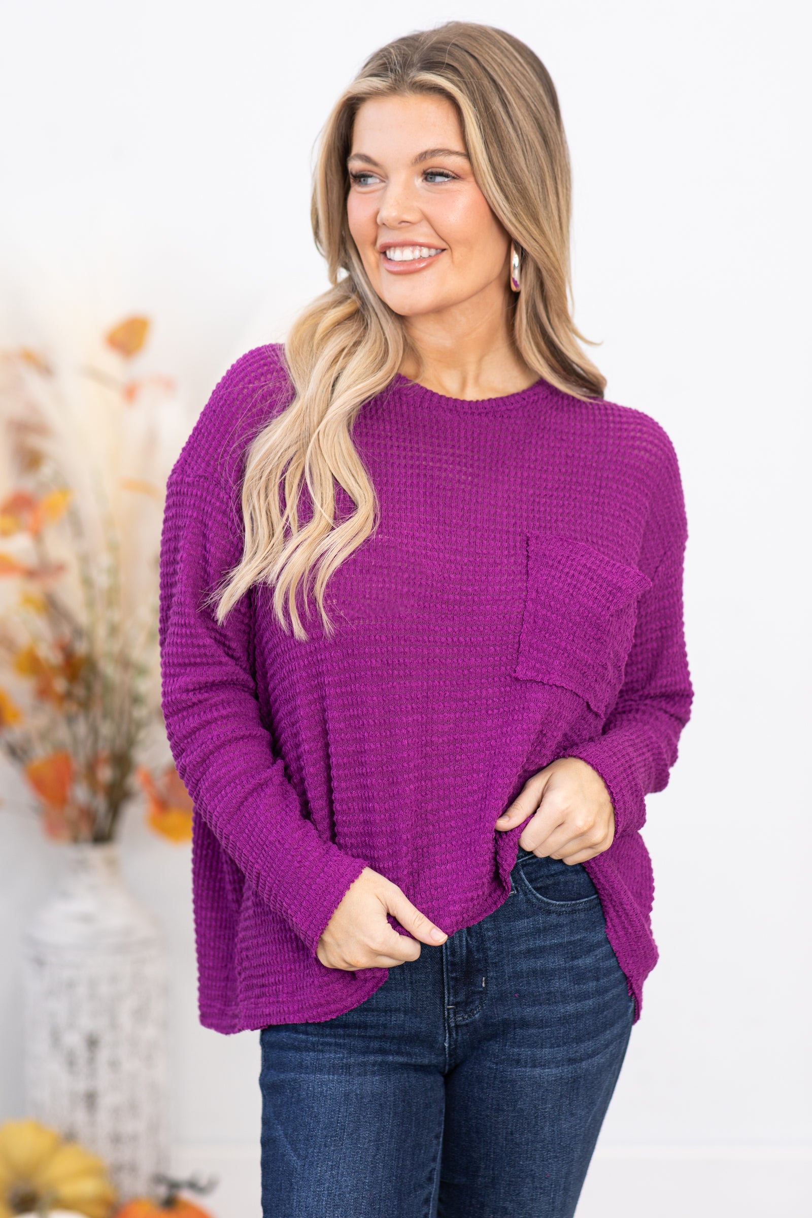 Dark Orchid Waffle Knit Sweater With Pocket