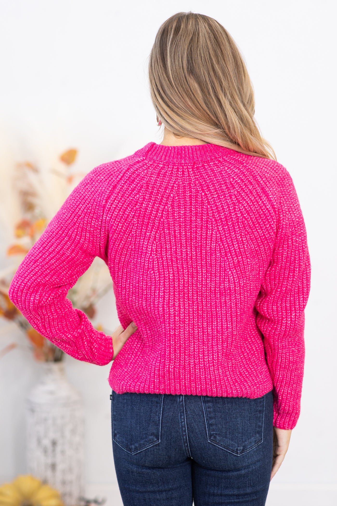 Hot Pink Ribbed Round Neck Sweater