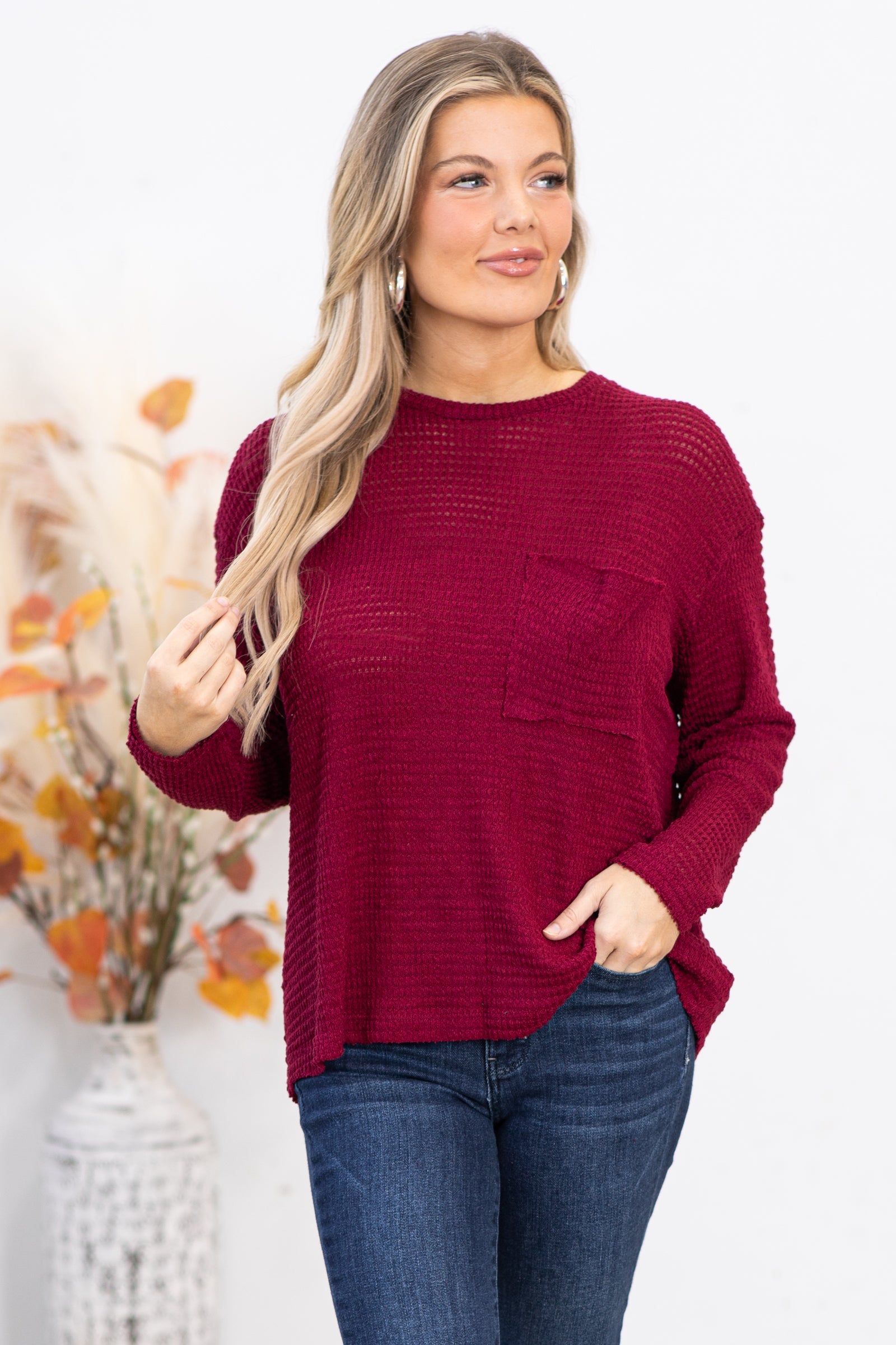 Berry Waffle Knit Sweater With Pocket