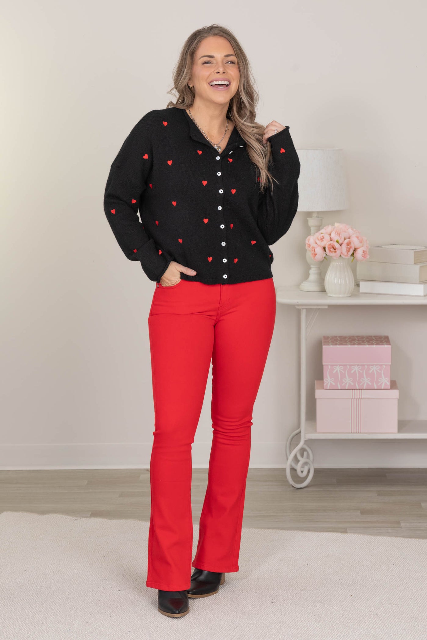 Black Embroidery Heart Button Down Cardigan