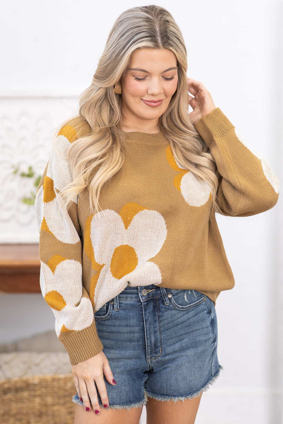 Mocha and Off White Floral Intarsia Sweater