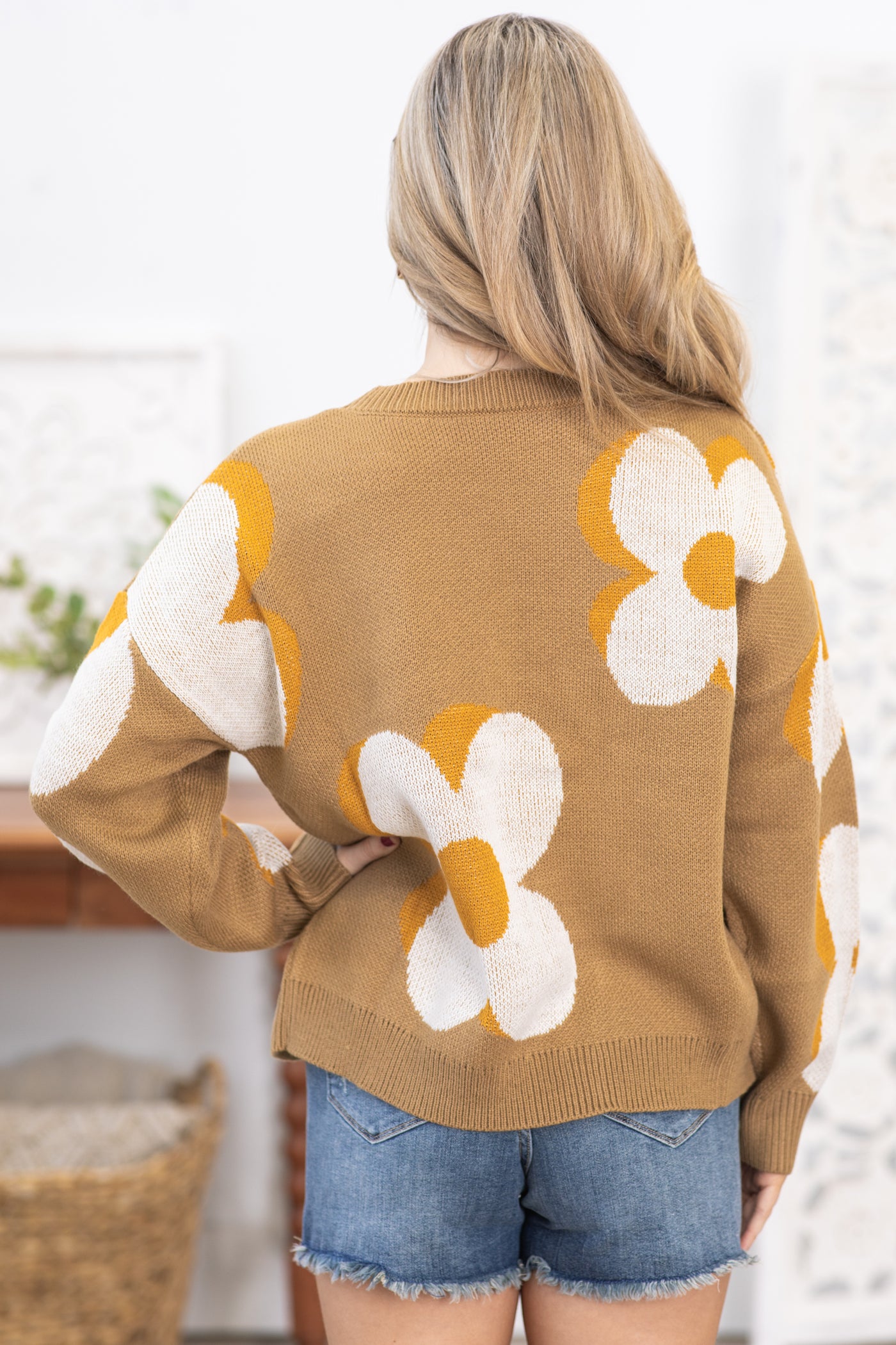 Mocha and Off White Floral Intarsia Sweater