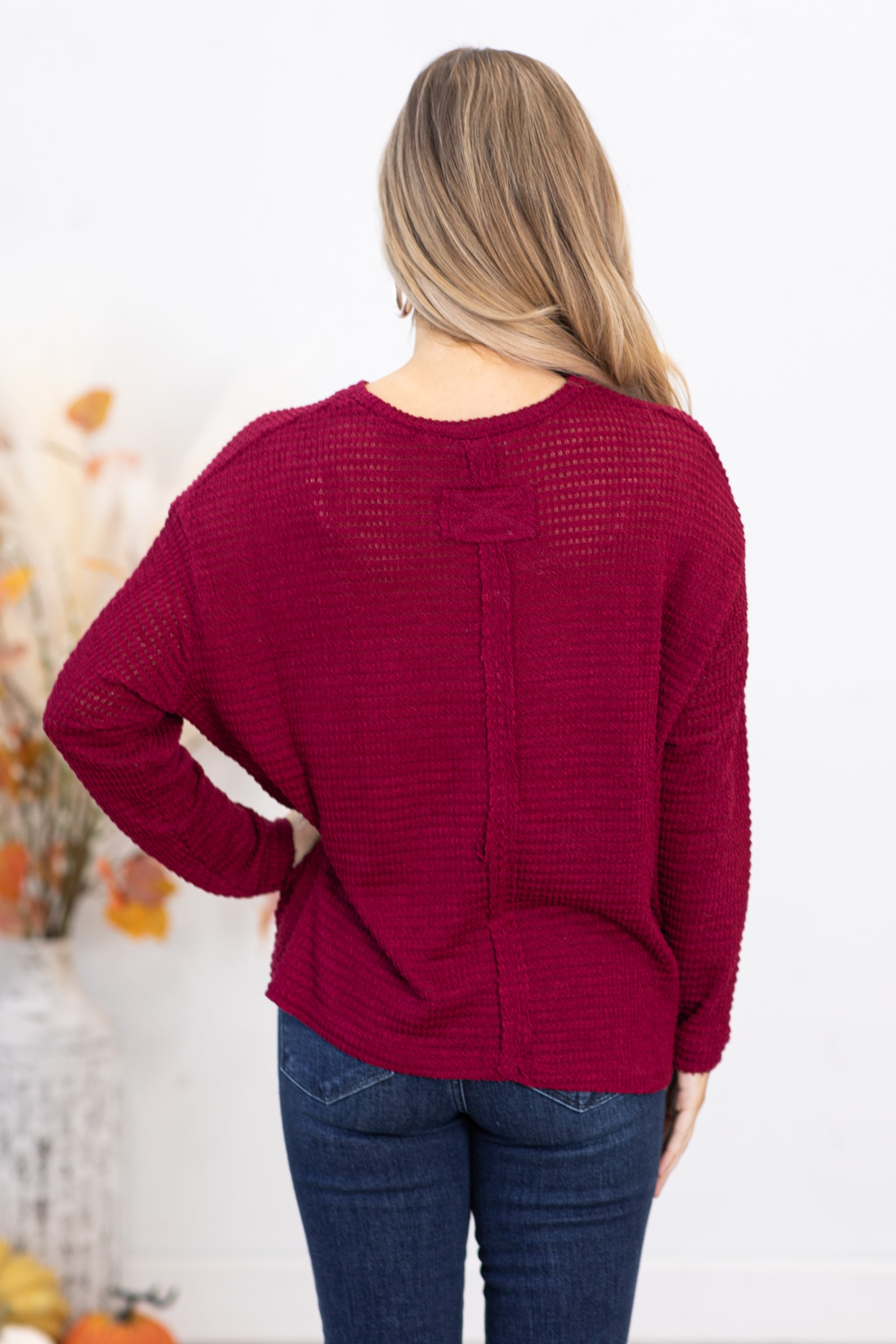 Berry Waffle Knit Sweater With Pocket