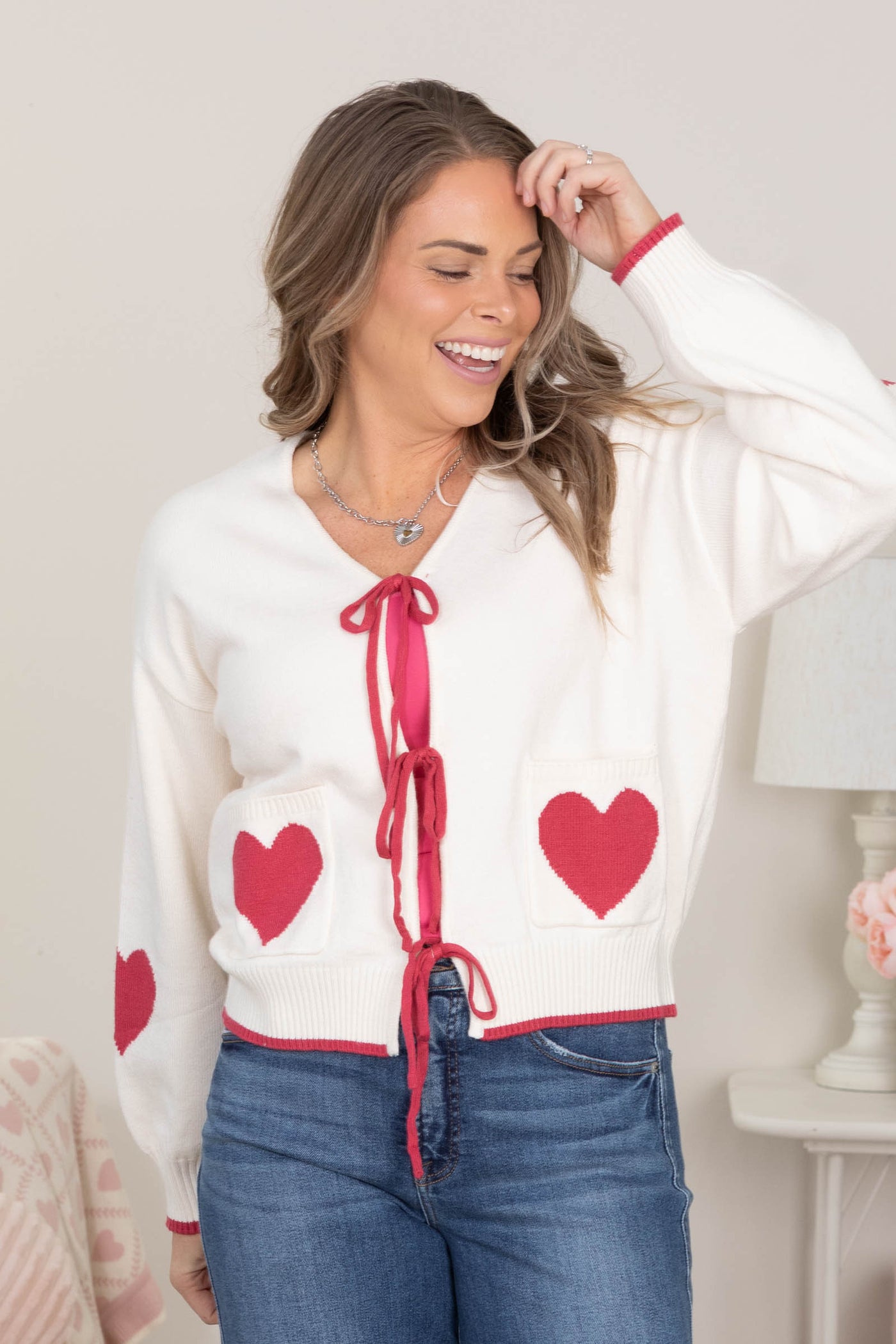 Cream Front Tie Heart Graphic Sweater Cardigan