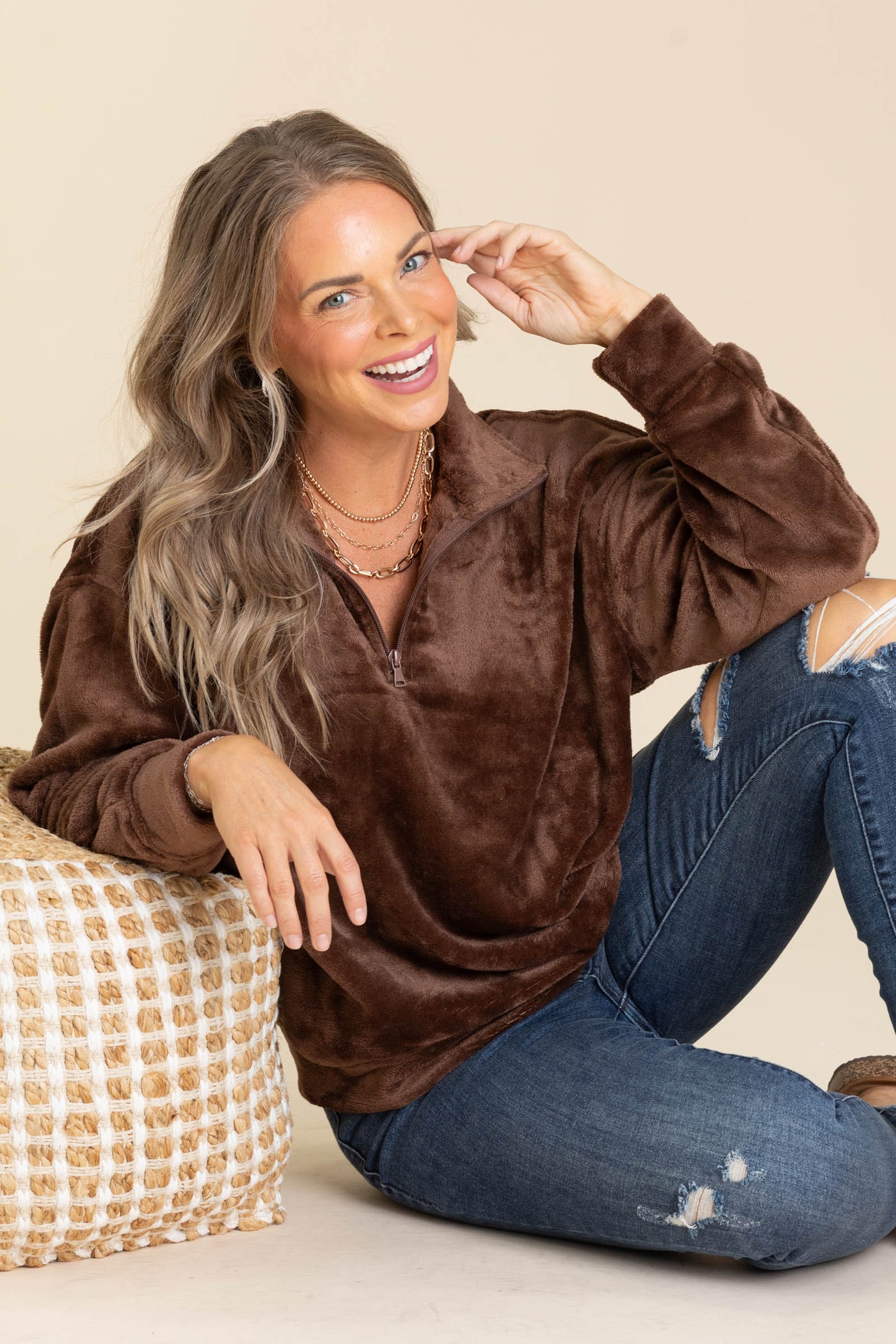 Faux Fur Half Knit Pullovers With Pockets