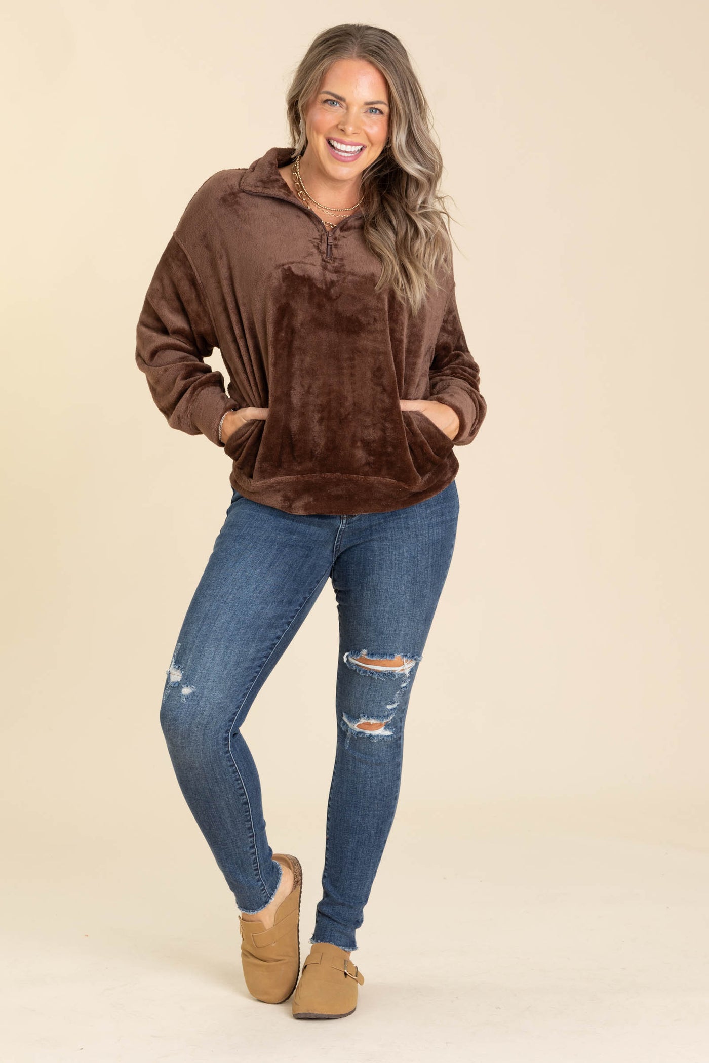 Faux Fur Half Knit Pullovers With Pockets