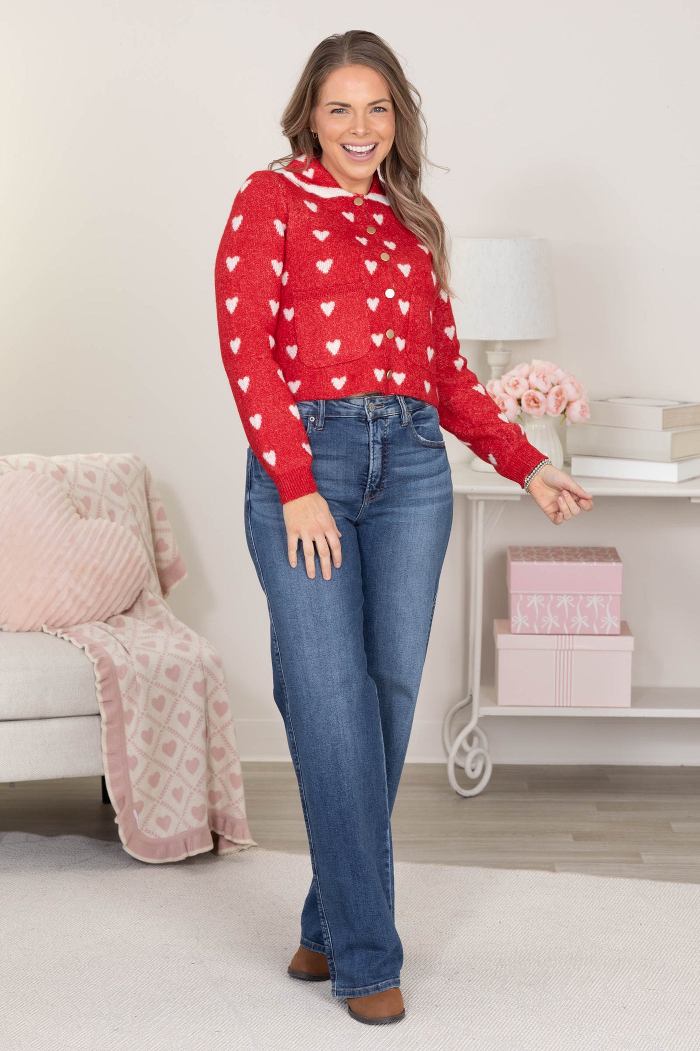Red Heart Pattern Collared Button Down Cardigan