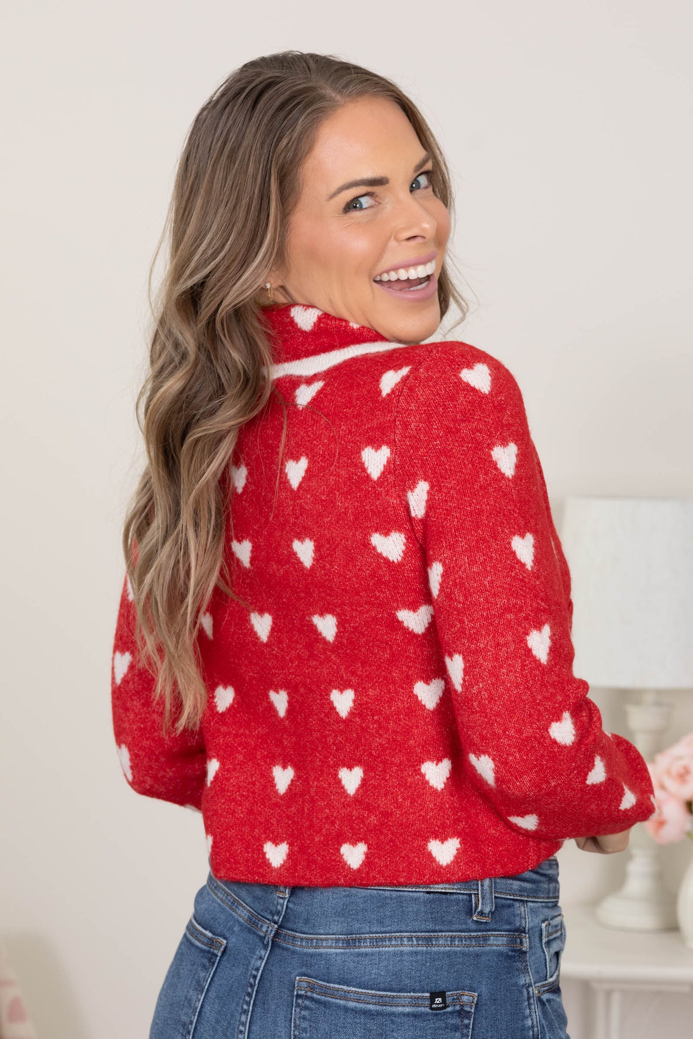 Red Heart Pattern Collared Button Down Cardigan