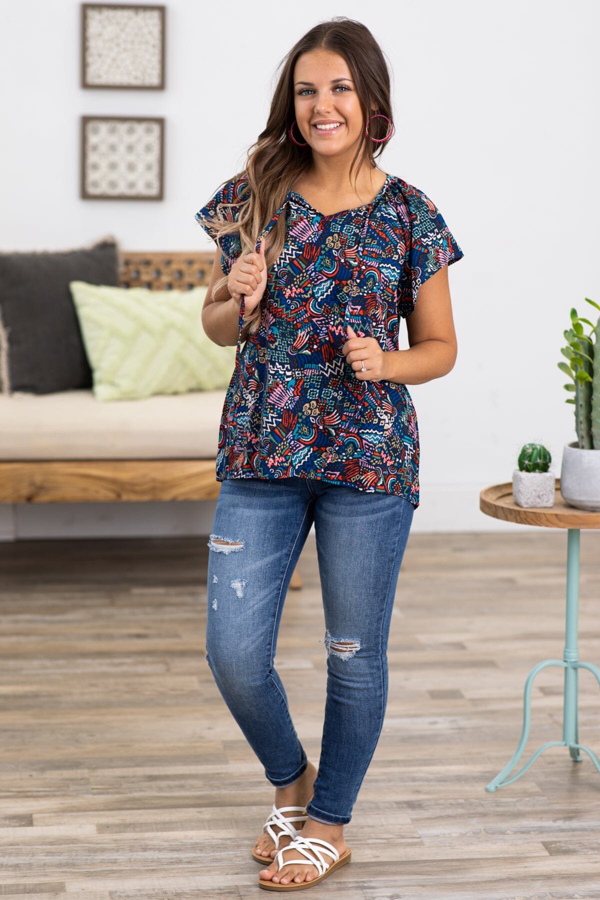 Navy and Red Multicolor Paisley Print Top - Filly Flair