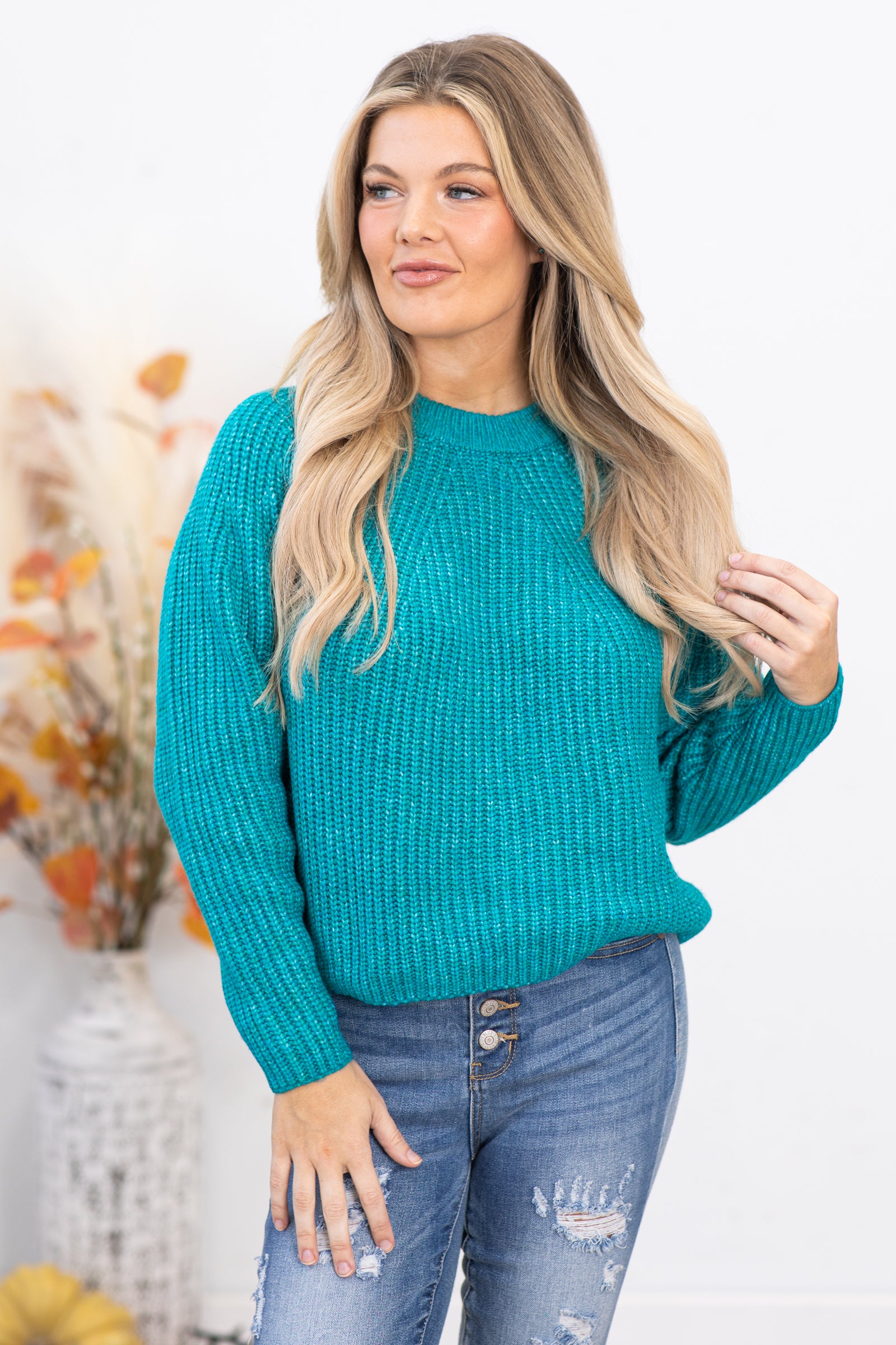 Teal Ribbed Round Neck Sweater