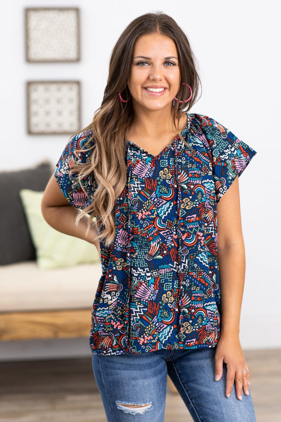 Navy and Red Multicolor Paisley Print Top - Filly Flair