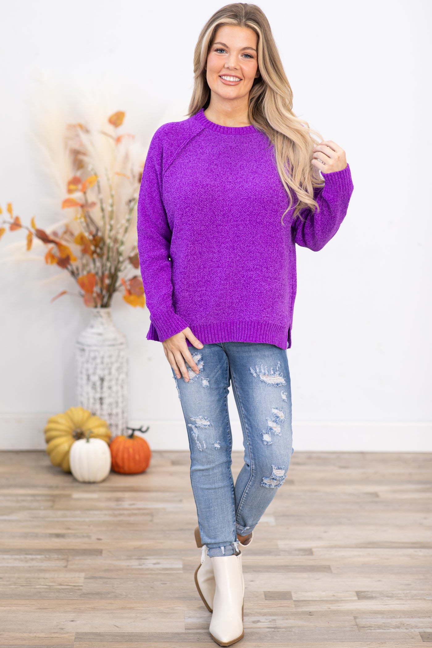 Purple Raglan Sleeve Chenille Sweater