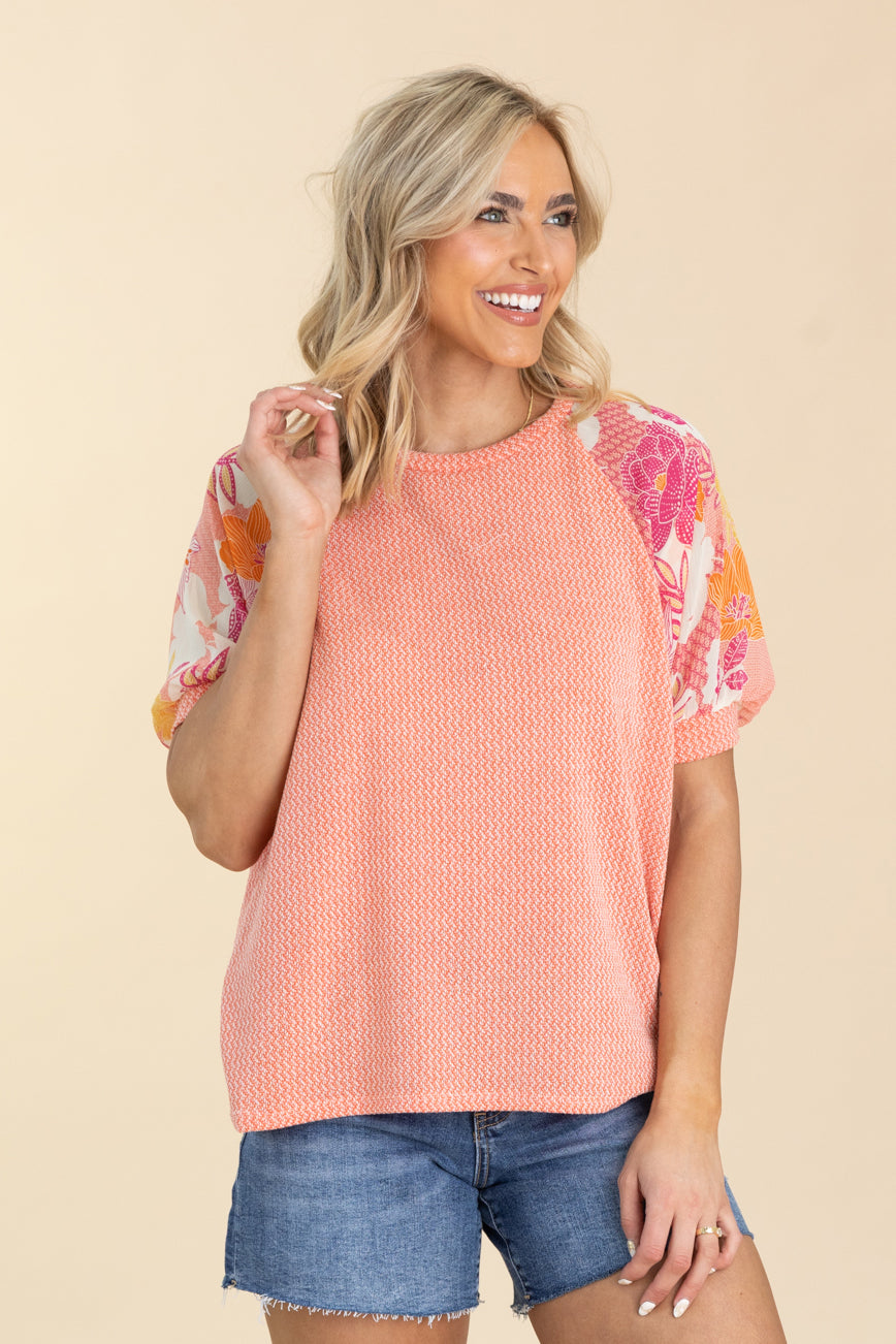 Coral Textured Floral Puff Sleeve Knit Top