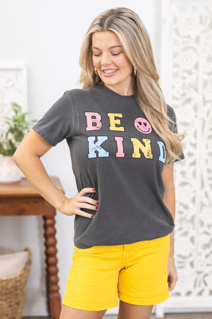 Dark Grey Mineral Wash Be Kind Graphic Tee