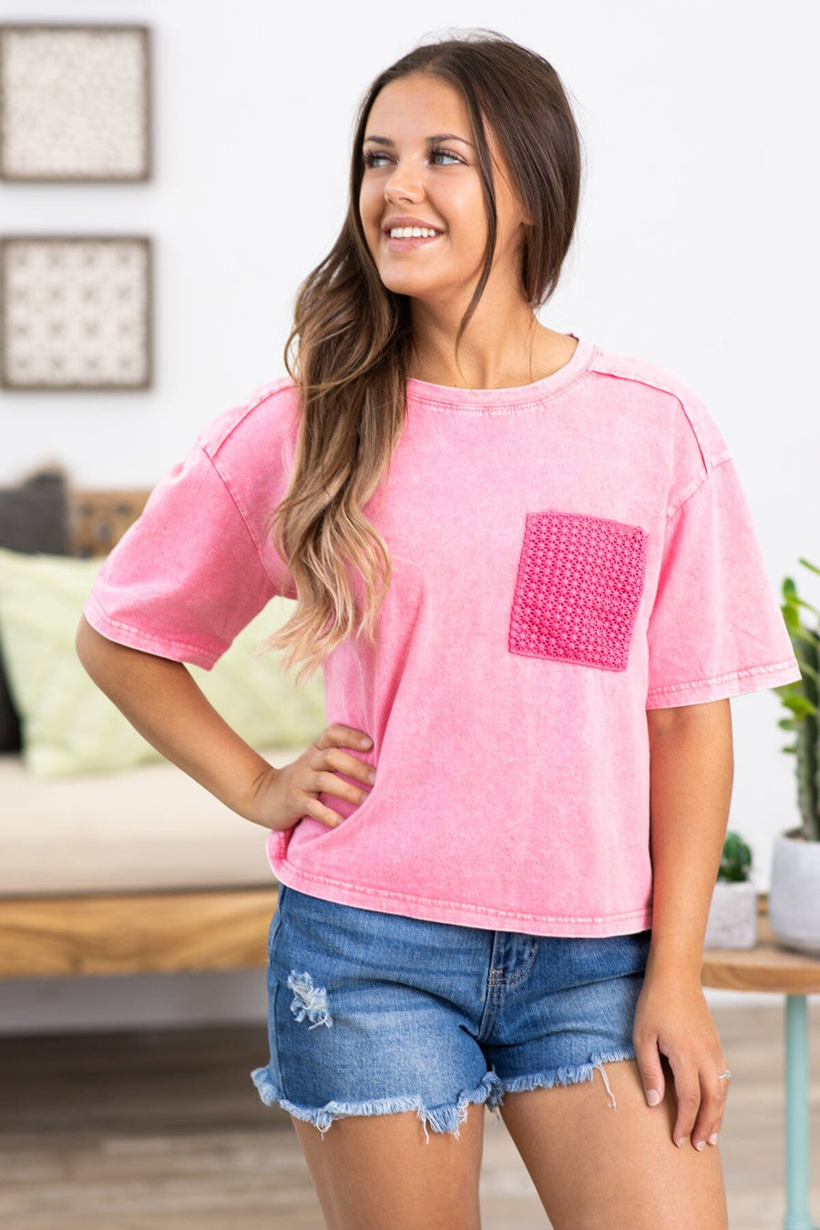 Pink Washed Top With Crochet Pocket Detail - Filly Flair