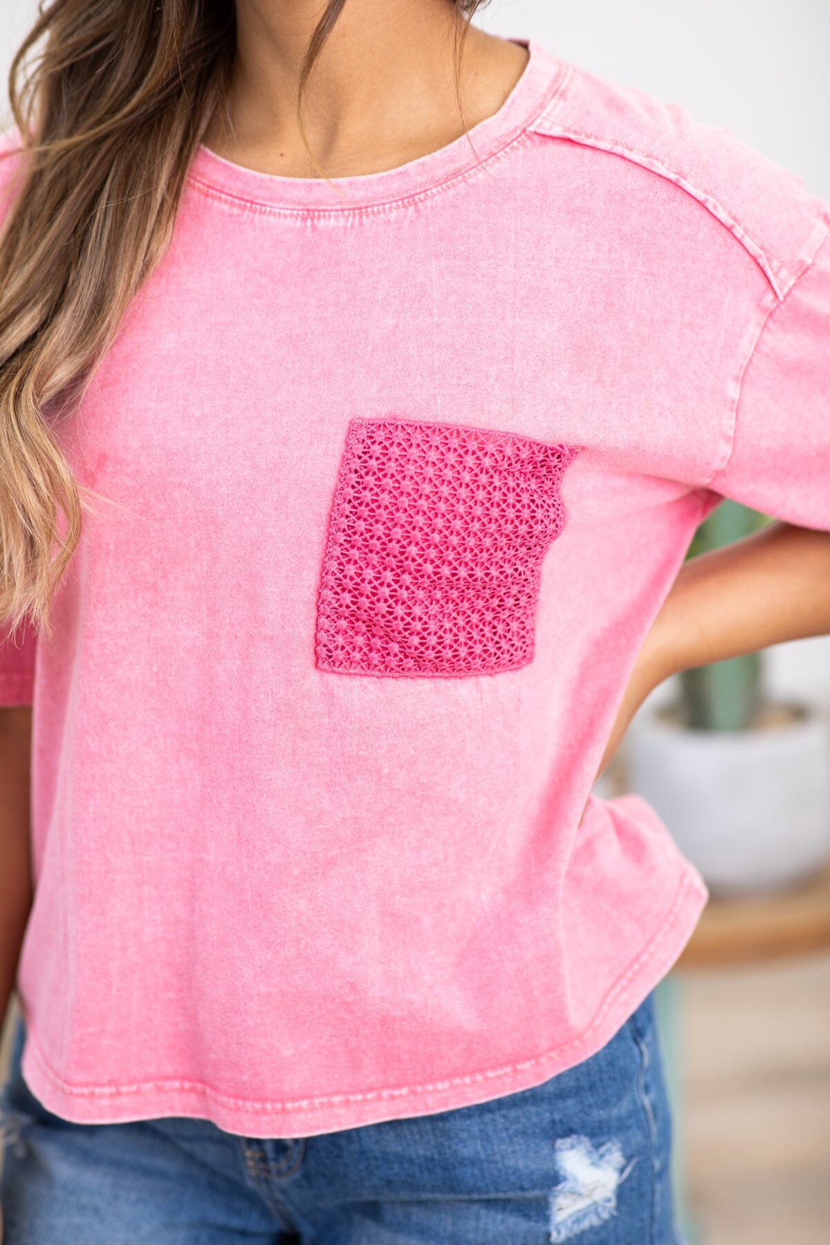Pink Washed Top With Crochet Pocket Detail - Filly Flair