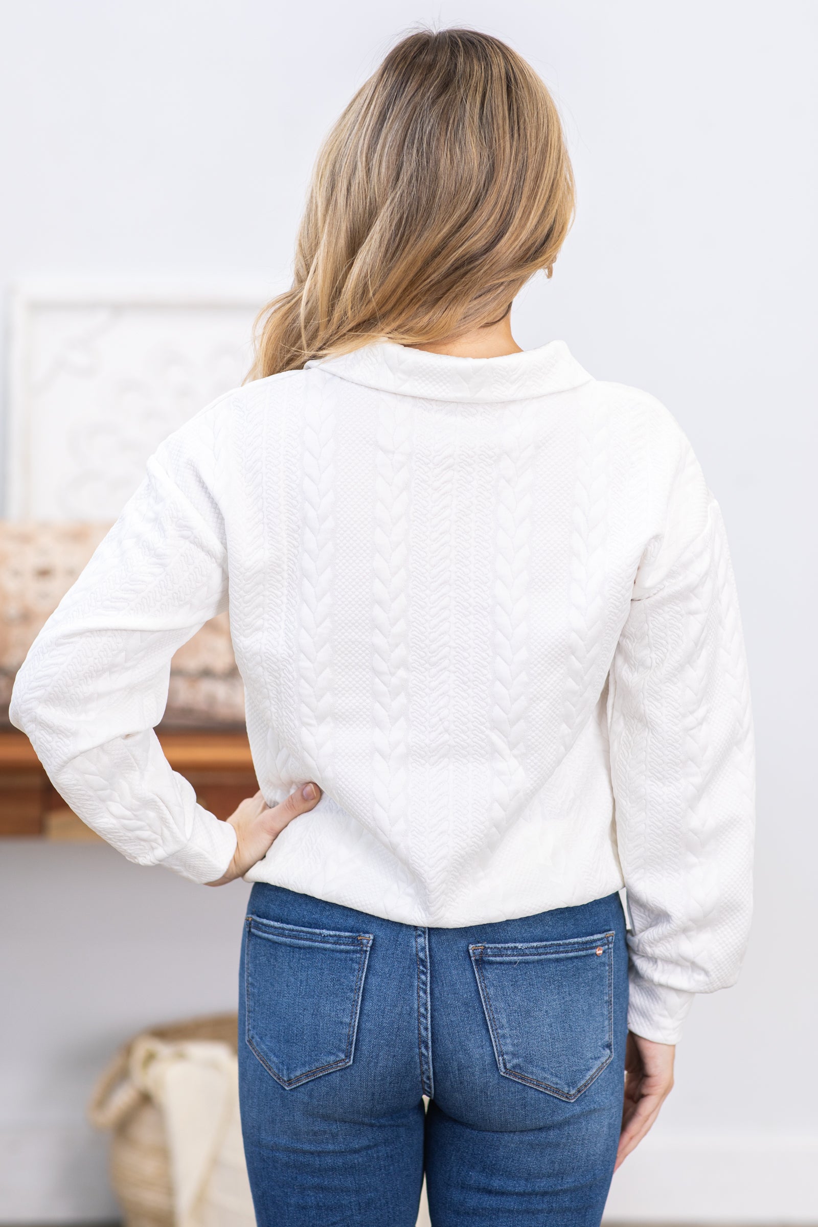 White Quilted 1/4 Zipper Textured Pullover