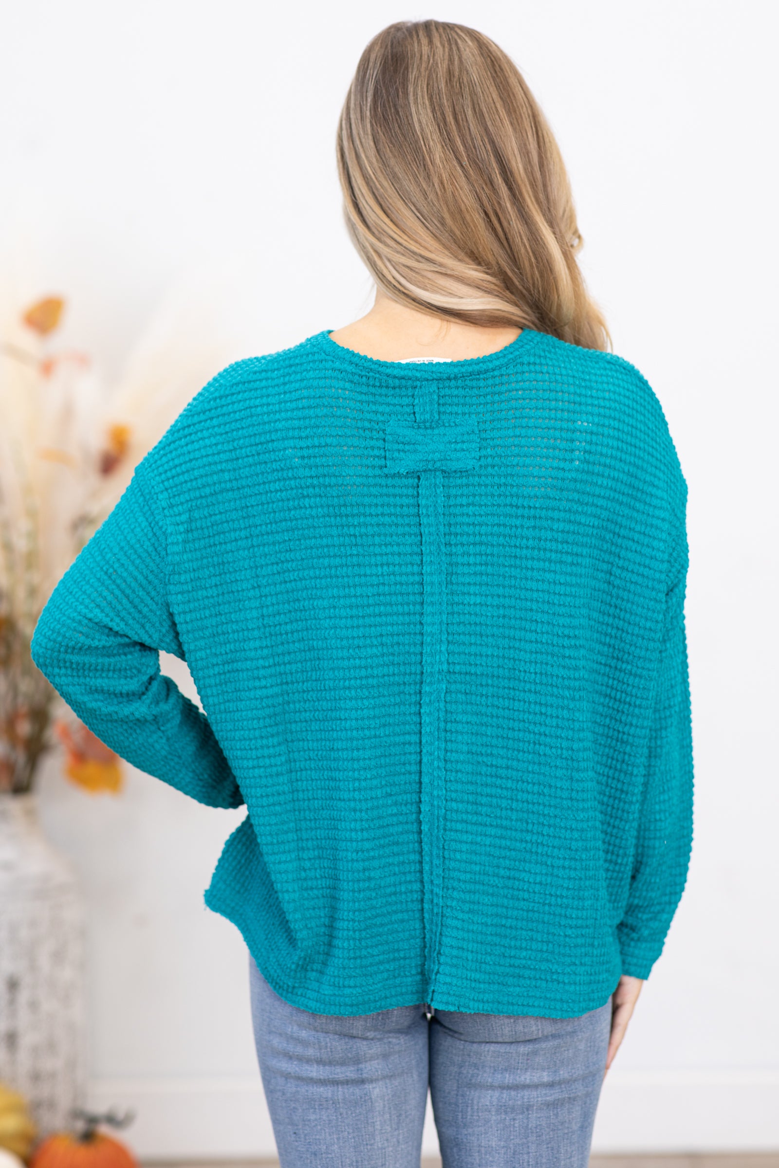 Teal Waffle Knit Sweater With Pocket