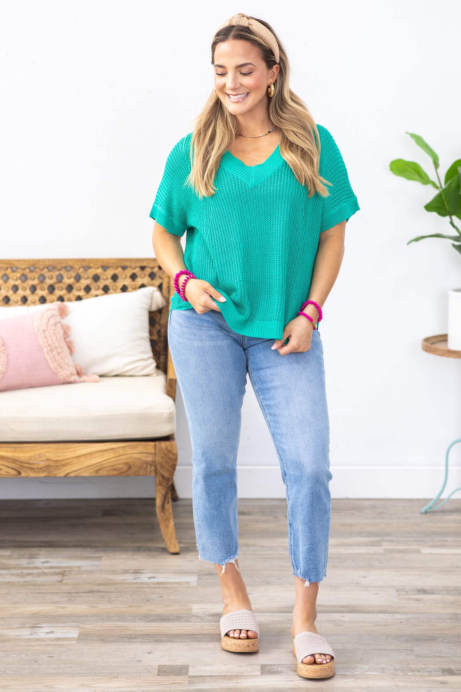 Turquoise Lightweight V-Neck Sweater Top