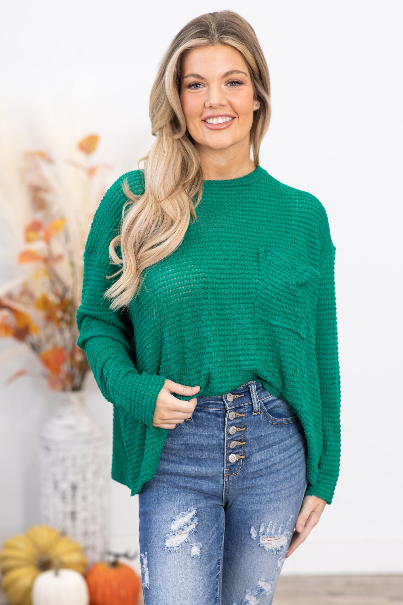 Jade Waffle Knit Sweater With Pocket