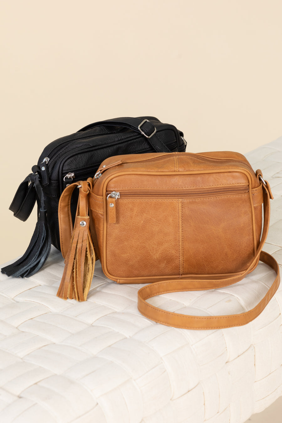 Cowhide Leather Crossbody Bags With Tassel