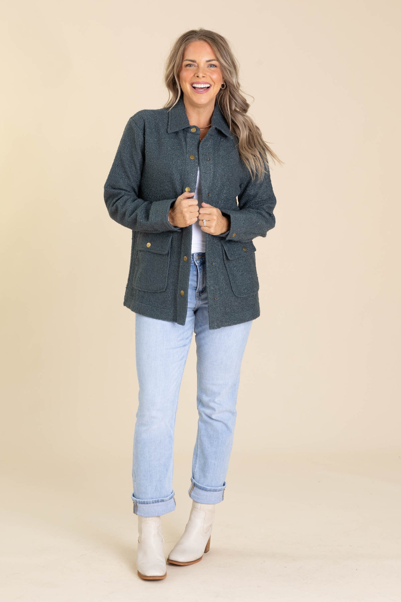 Dark Teal Snap Button Teddy Jacket