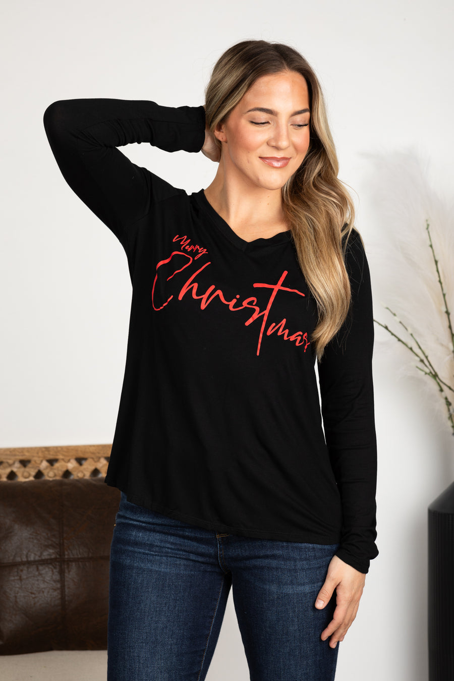 Black Merry Christmas Knit Long Sleeve Top