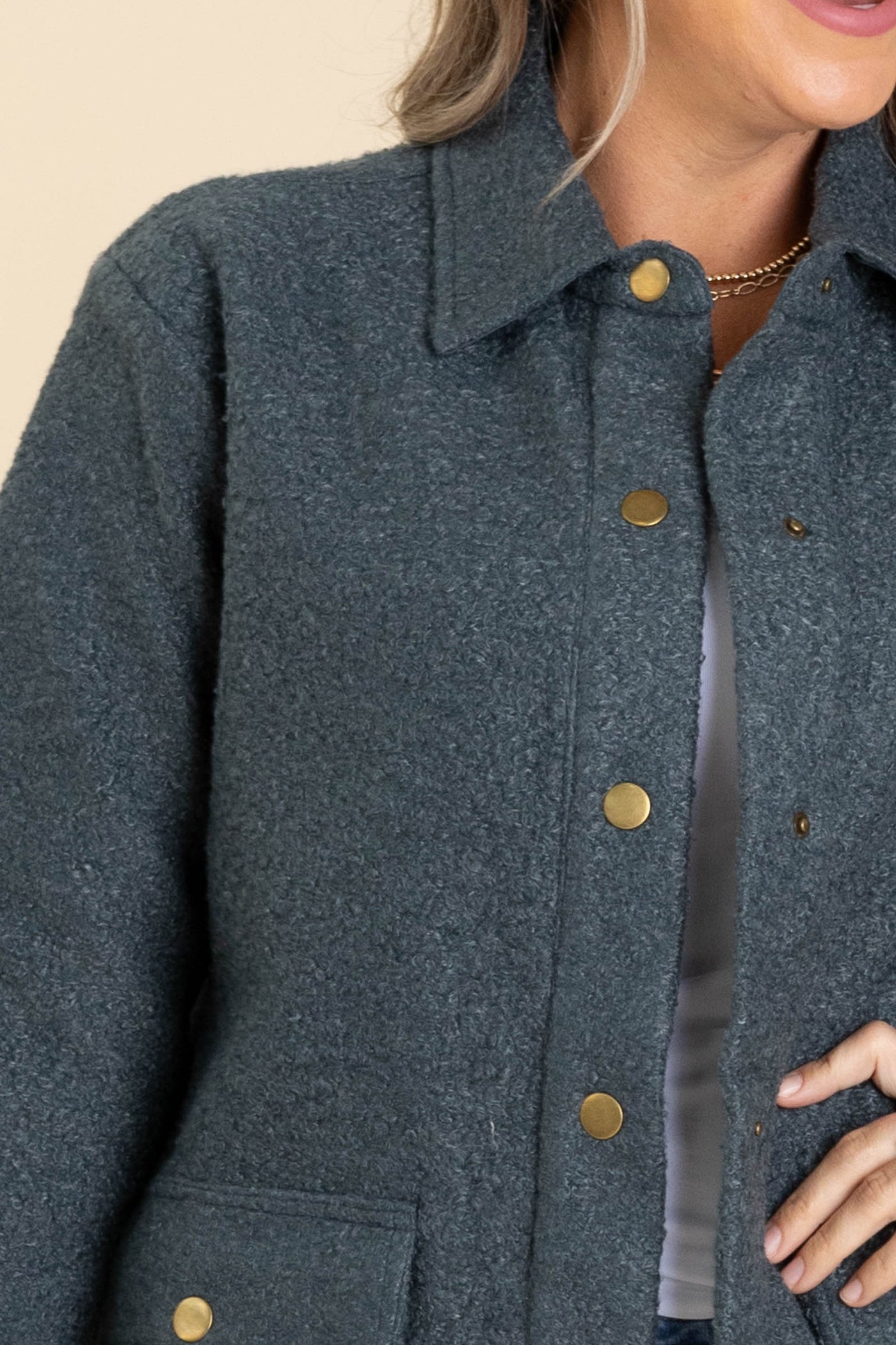Dark Teal Snap Button Teddy Jacket