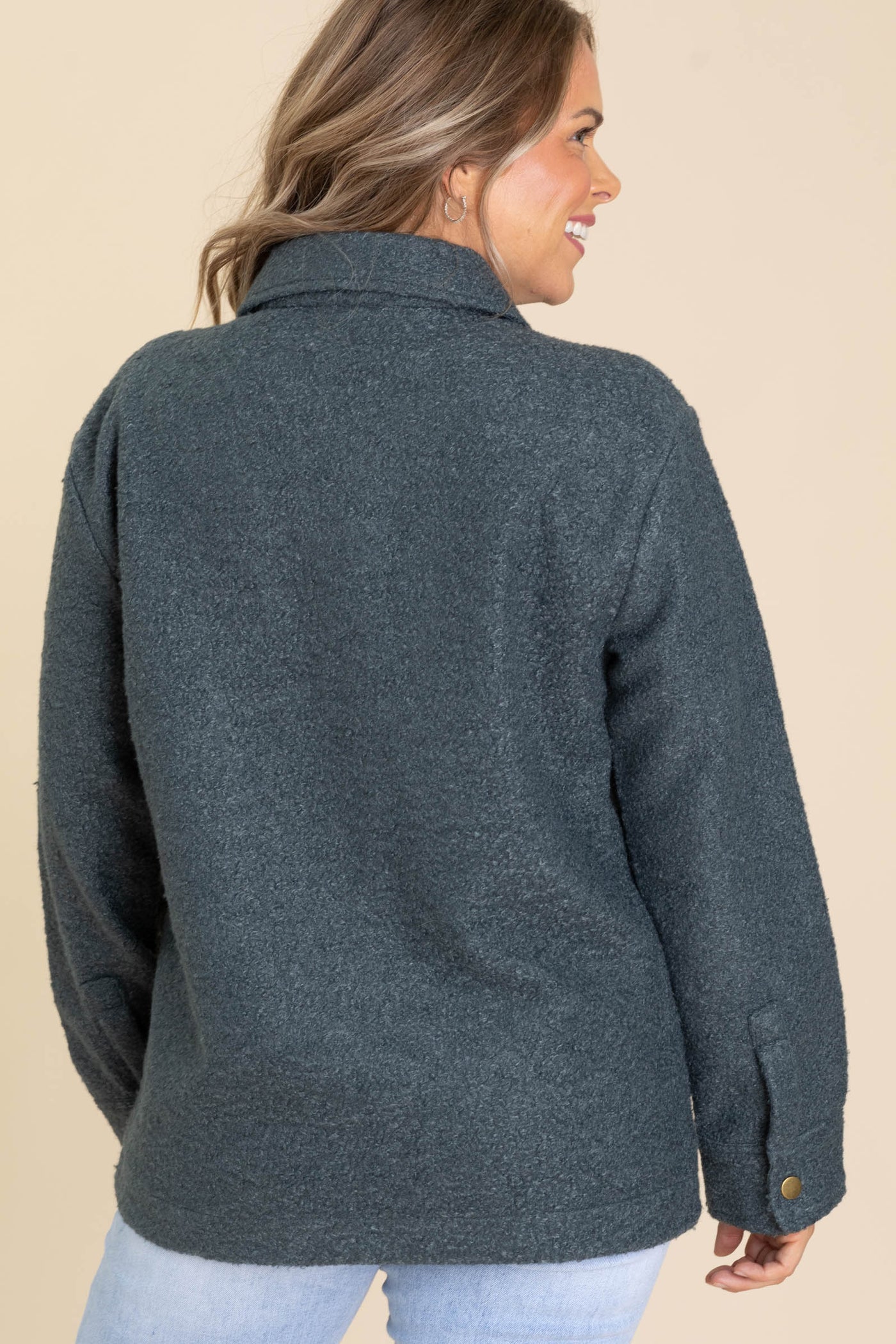 Dark Teal Snap Button Teddy Jacket