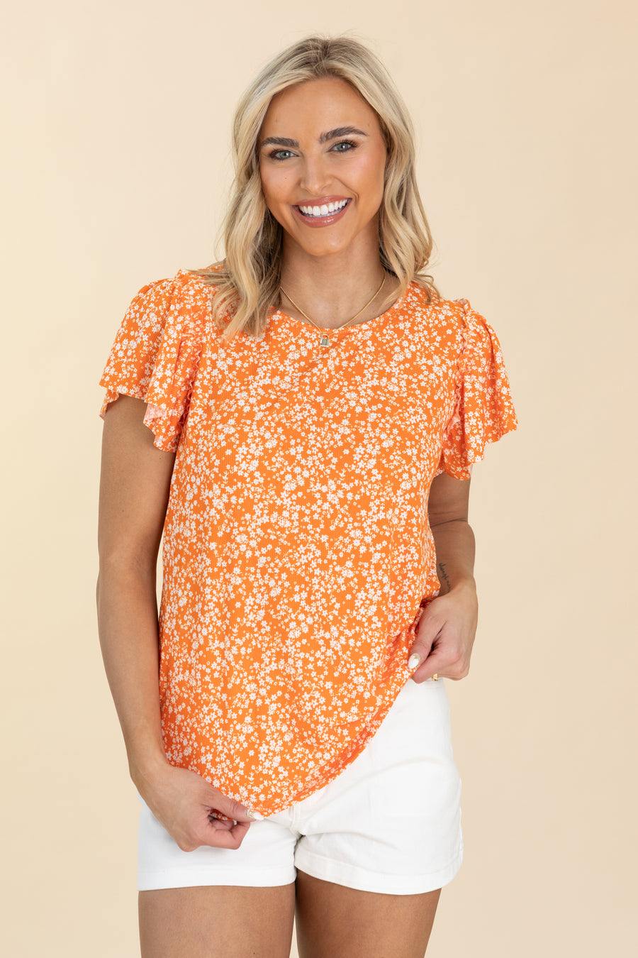 Orange Ditsy Floral Short Sleeve Knit Top