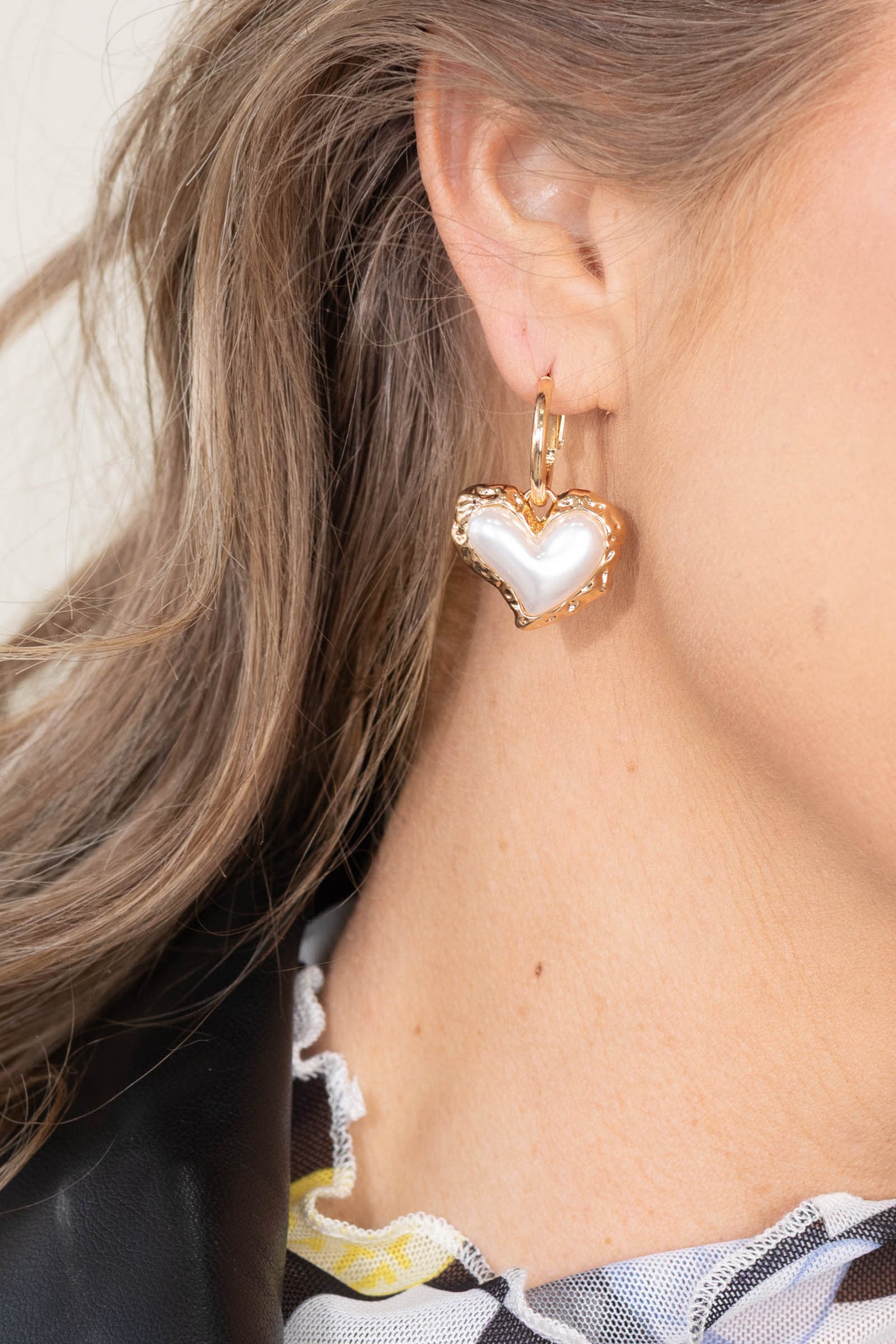 Pearl Puffy Heart Gold Edge Drop Earrings