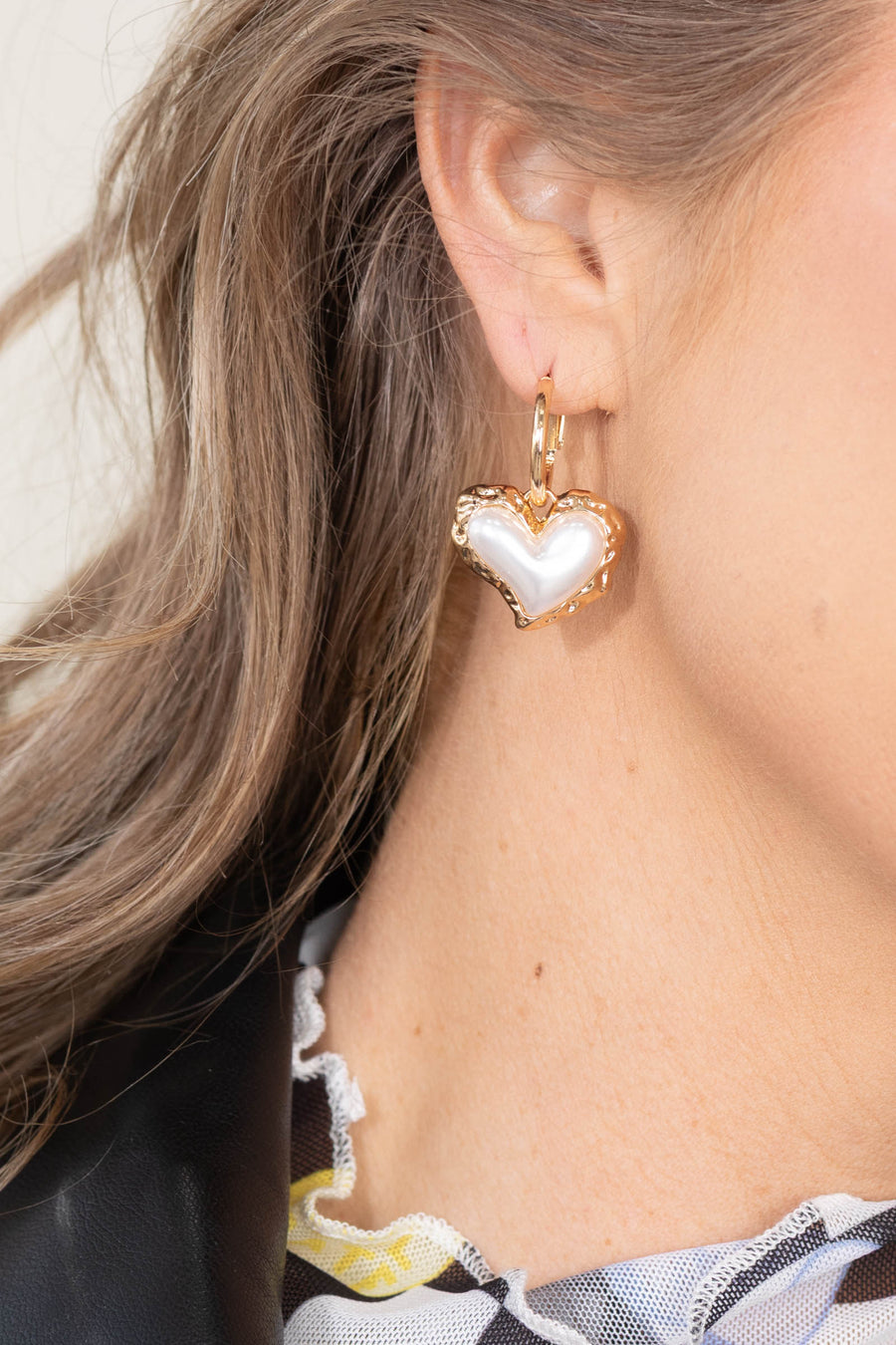 Pearl Puffy Heart Gold Edge Drop Earrings