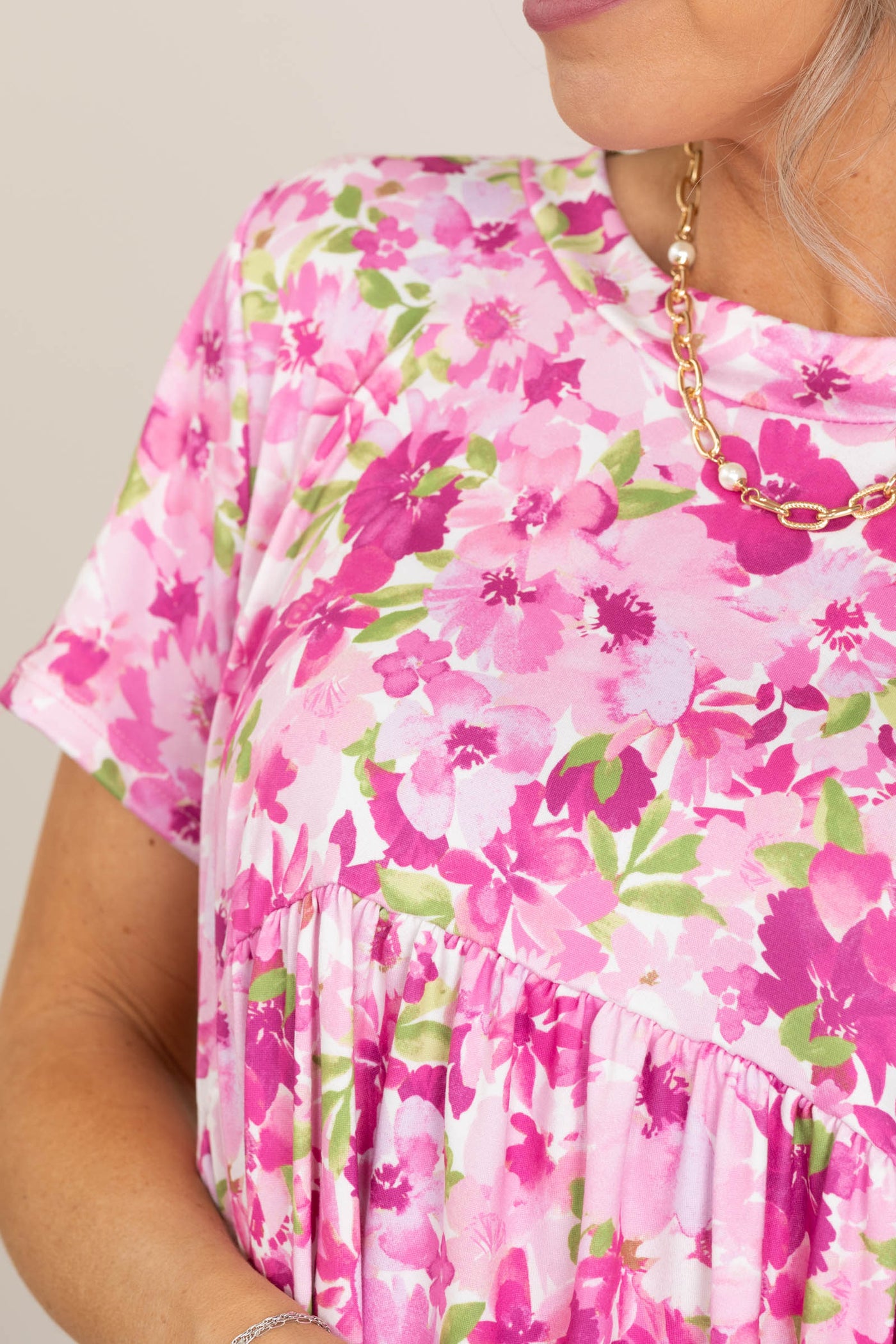 Pink Floral Round Neck Babydoll Dress
