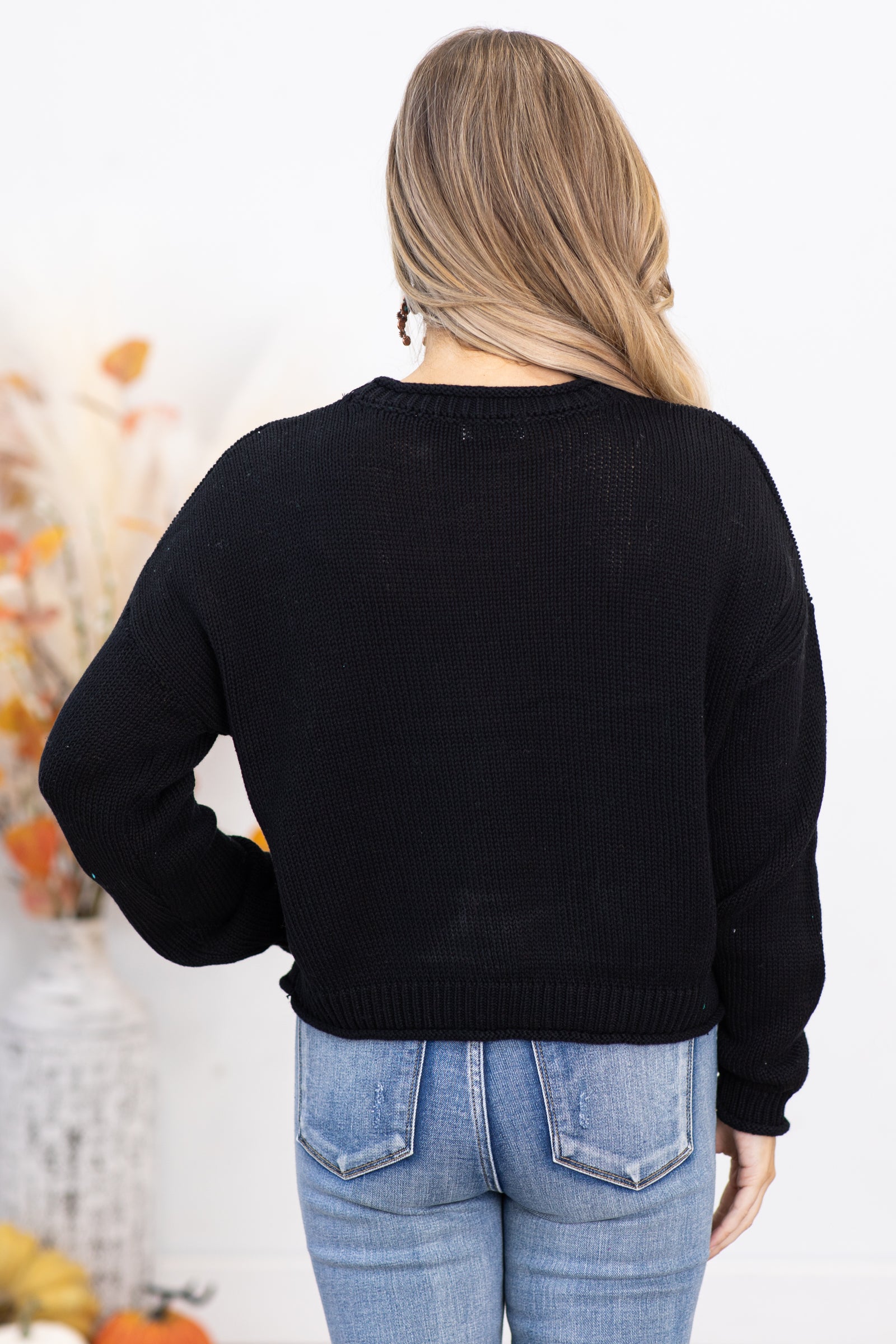 Black Cotton Round Neck Basic Sweater