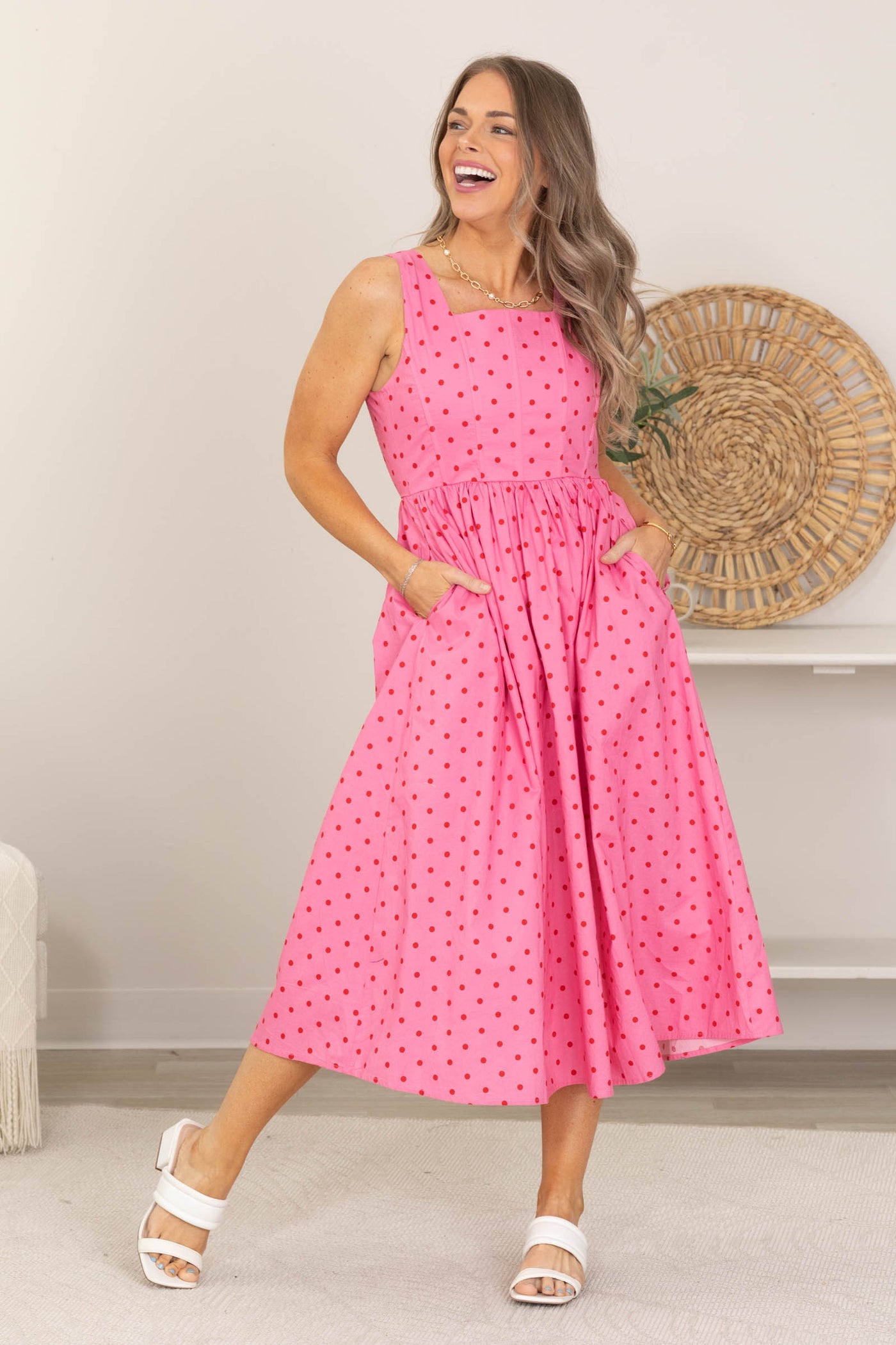 Pink Polka Dot Square Neck Midi Dress