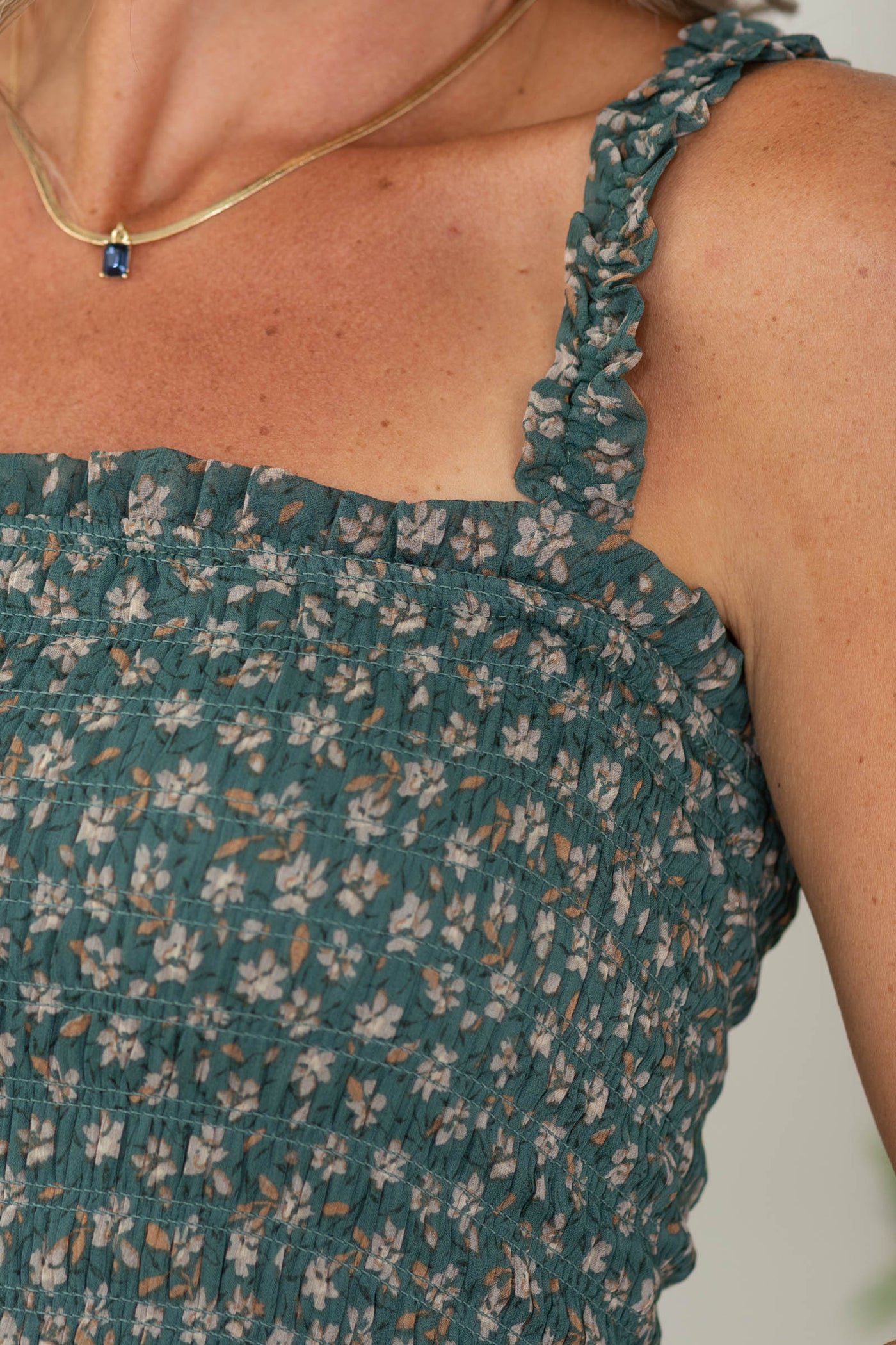 Teal Floral Printed Smocked Bodice Midi Dress