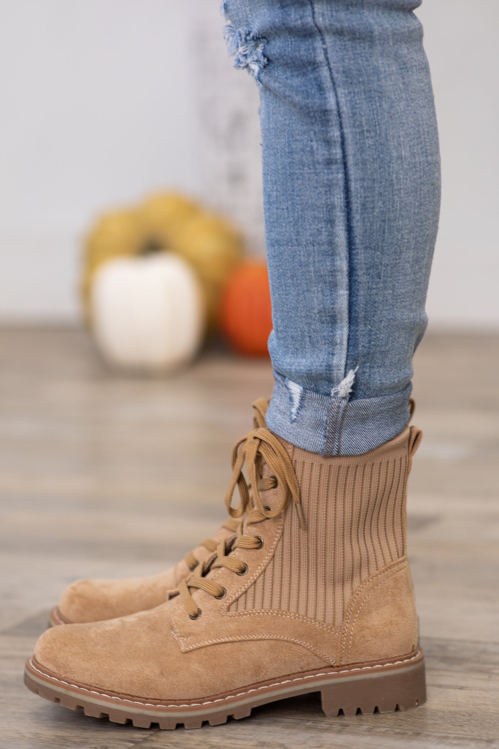 Camel Lace Up Boots With Lug Sole