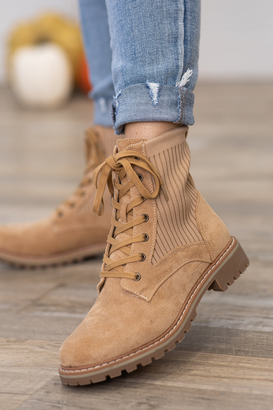 Camel Lace Up Boots With Lug Sole