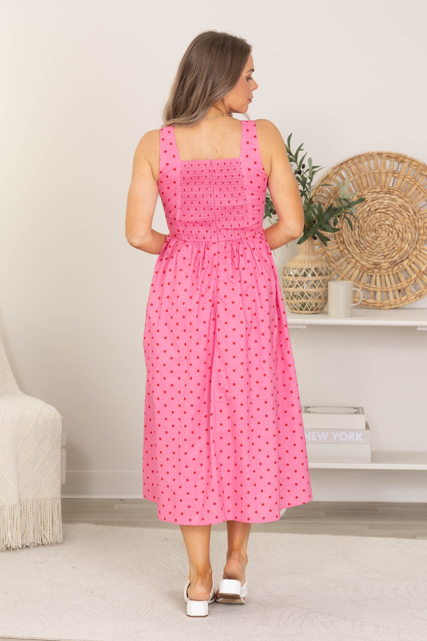 Pink Polka Dot Square Neck Midi Dress