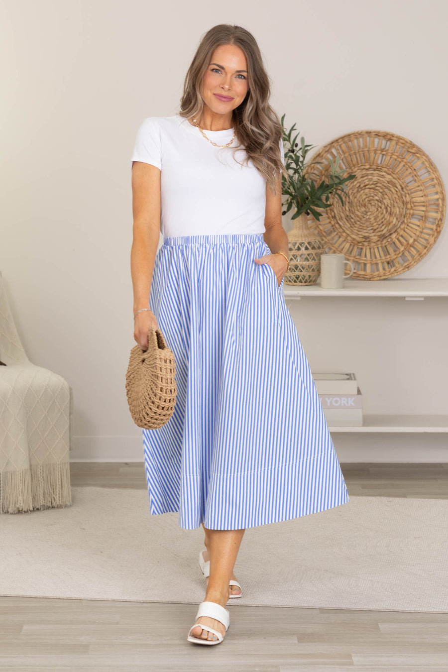 Cornflower Striped Elastic Waist Midi Skirt