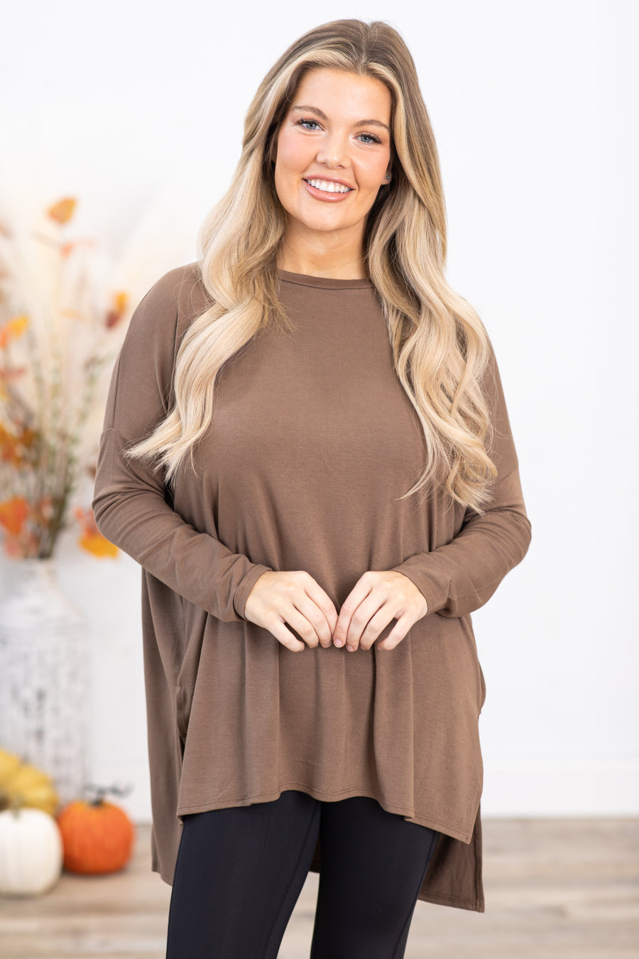Mocha Dolman Sleeve Top With Side Slit