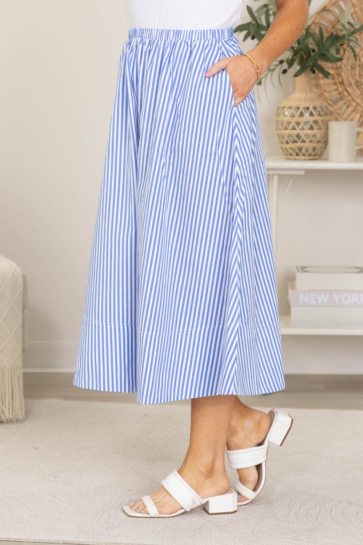 Cornflower Striped Elastic Waist Midi Skirt
